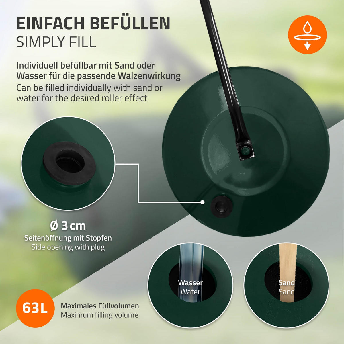 RASENWALZE befüllbar 63 Liter Grün aus Stahl - Grün, Metall (90/135/30cm) - ECD-Germany