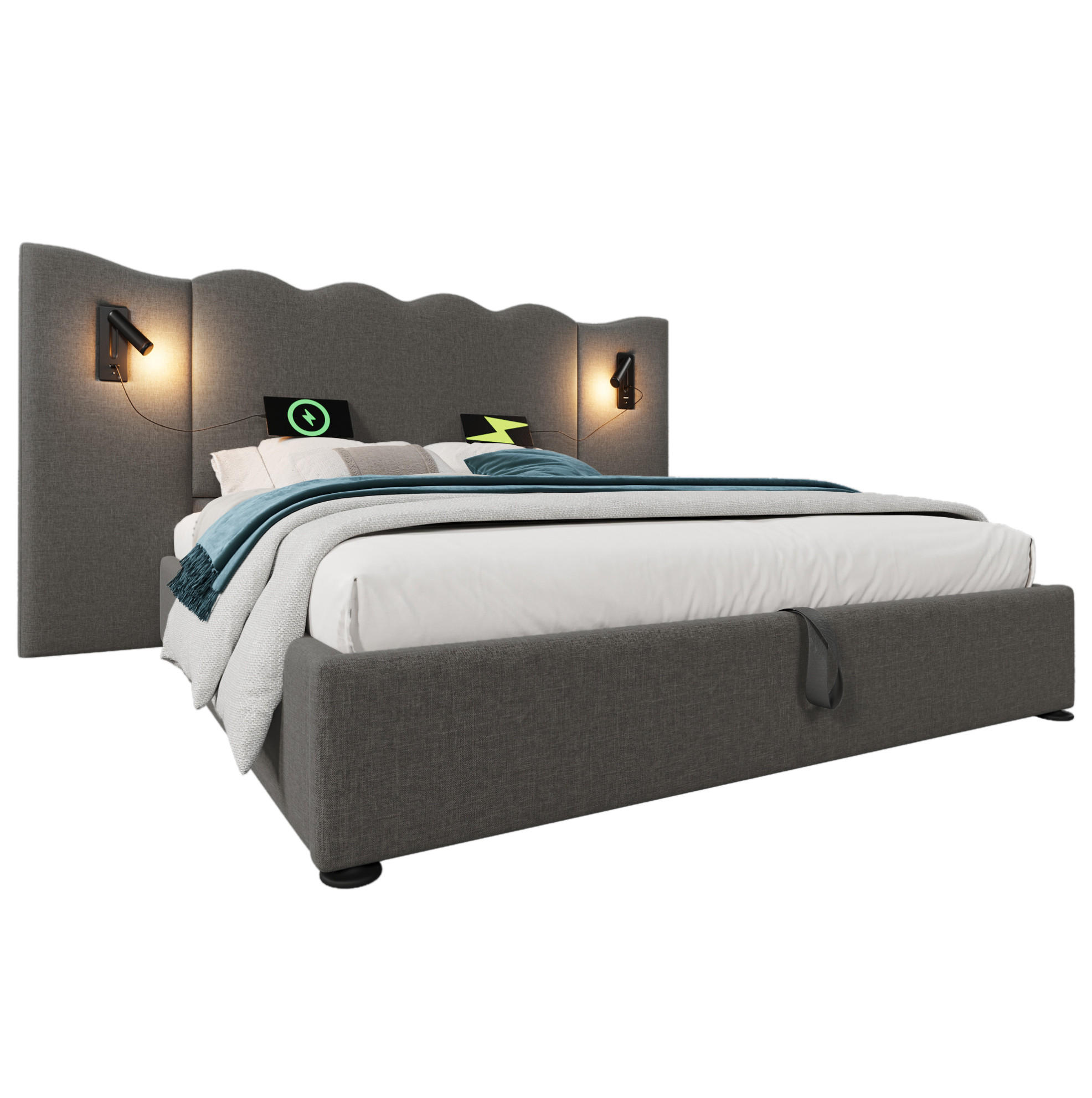 POLSTERBETT aus Leinen 180x200 cm Grau mit Bettkasten, Leselampe sowie USB- und USB-C-Anschlüssen - Grau, Textil (180/200cm) - IVMEU