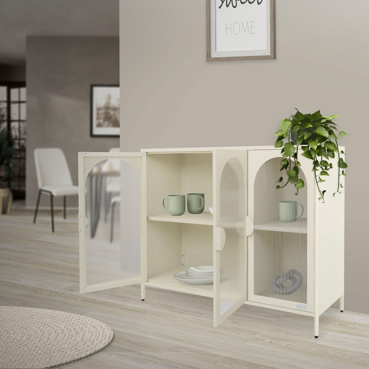 VITRINENSCHRANK aus Stahl 120x93x40 cm Creme mit 3 Türen - Creme, Metall (120/93/40cm) - ML-DESIGN