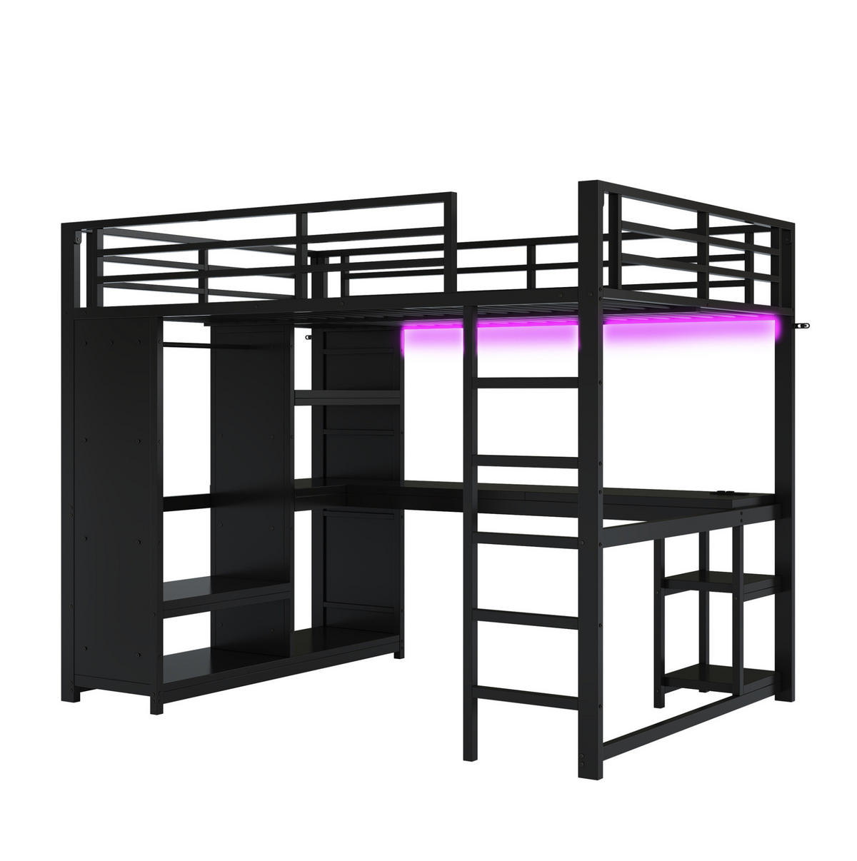 HOCHBETT 140/200 cm aus Metall mit LED-Beleuchtung, Schreibtisch und Kleiderstange - Schwarz, Metall (140/200cm) - Flora Grace