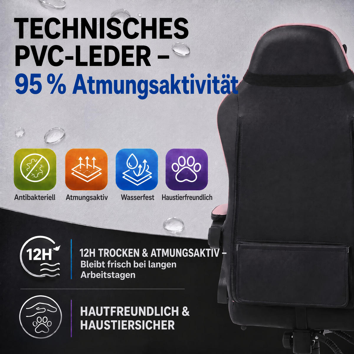 GAMING-STUHL schwarz-pink ergonomisch mit ausziehbarer Fußstütze, Nacken- und Lendenkissen, höhenverstellbar - Pink, Leder (54/116/61cm) - BRILVERDE