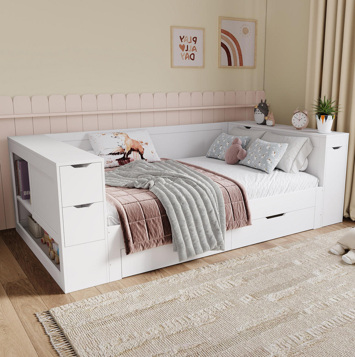 KINDERBETT 90/200 cm mit Schublade, Regal, Nachttisch und Stauraum aus MDF, Weiß - Weiß, Holzwerkstoff (90/200cm) - Redom