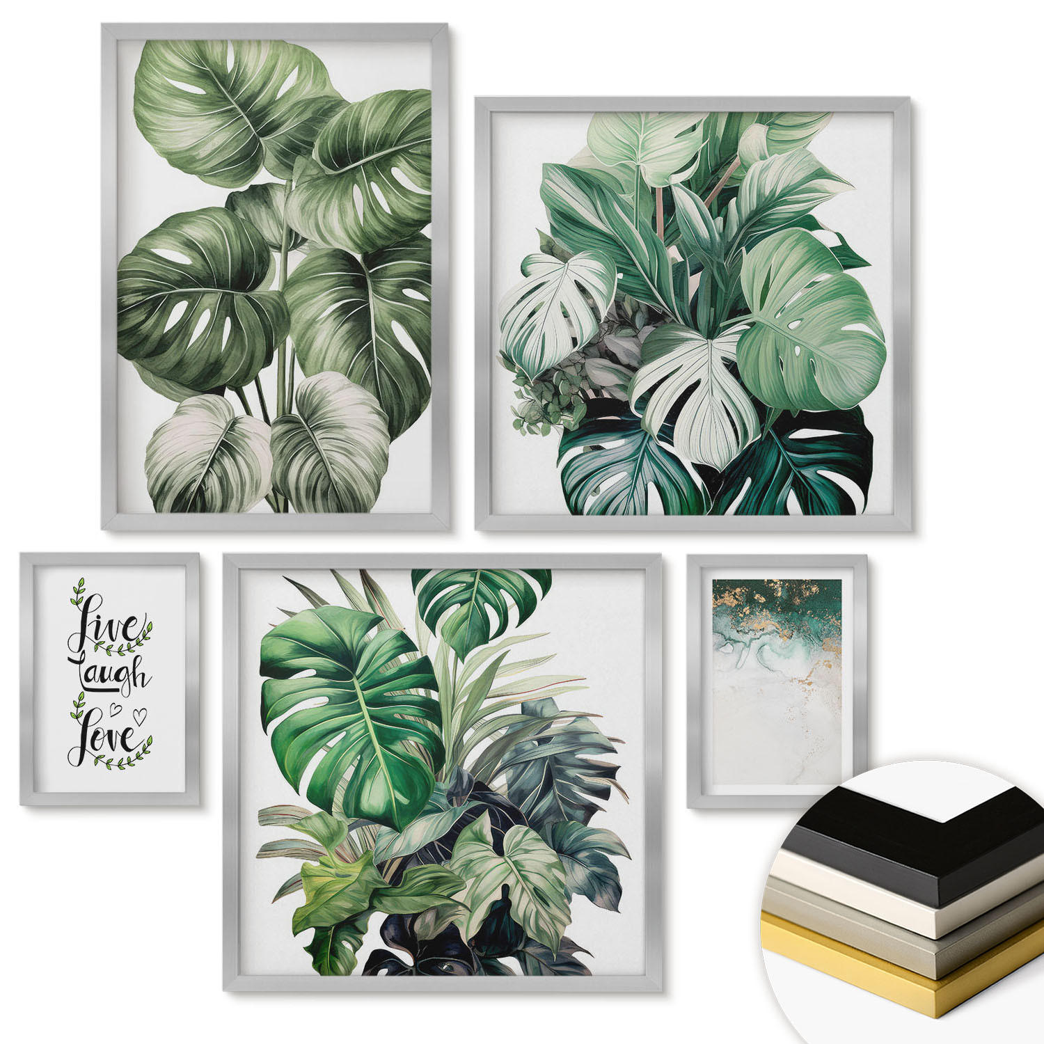 WANDBILDER 5er Set - 50x50 cm & 20x30 cm & 40x60 cm Silberner Rahmen - Blattpflanzen leben, lachen, lieben - Silberfarben, Kunststoff (40/60cm) - ArtPrintCave
