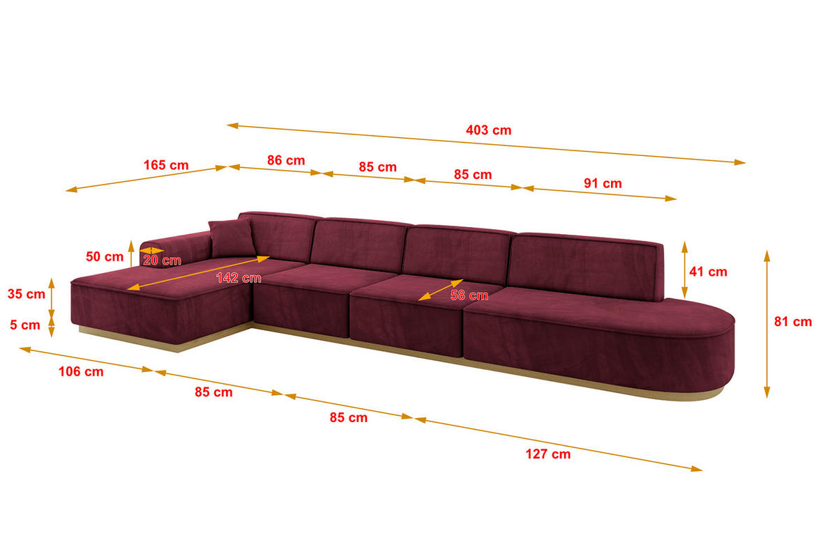ECKSOFA Ottomane Links IREA-L3-v2 - 403x165x81 cm Bordeauxrot - Bordeaux, Holzwerkstoff/Textil (403/165cm) - ALTDECOR