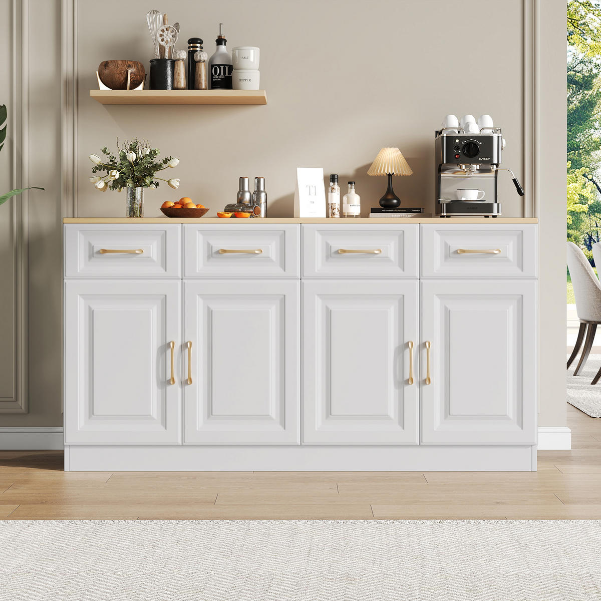SIDEBOARD 140/40/75 cm mit 4 Türen & 4 Schubladen in Weiß/Eiche - Weiß, Holzwerkstoff (140/75/40cm) - BEAOK