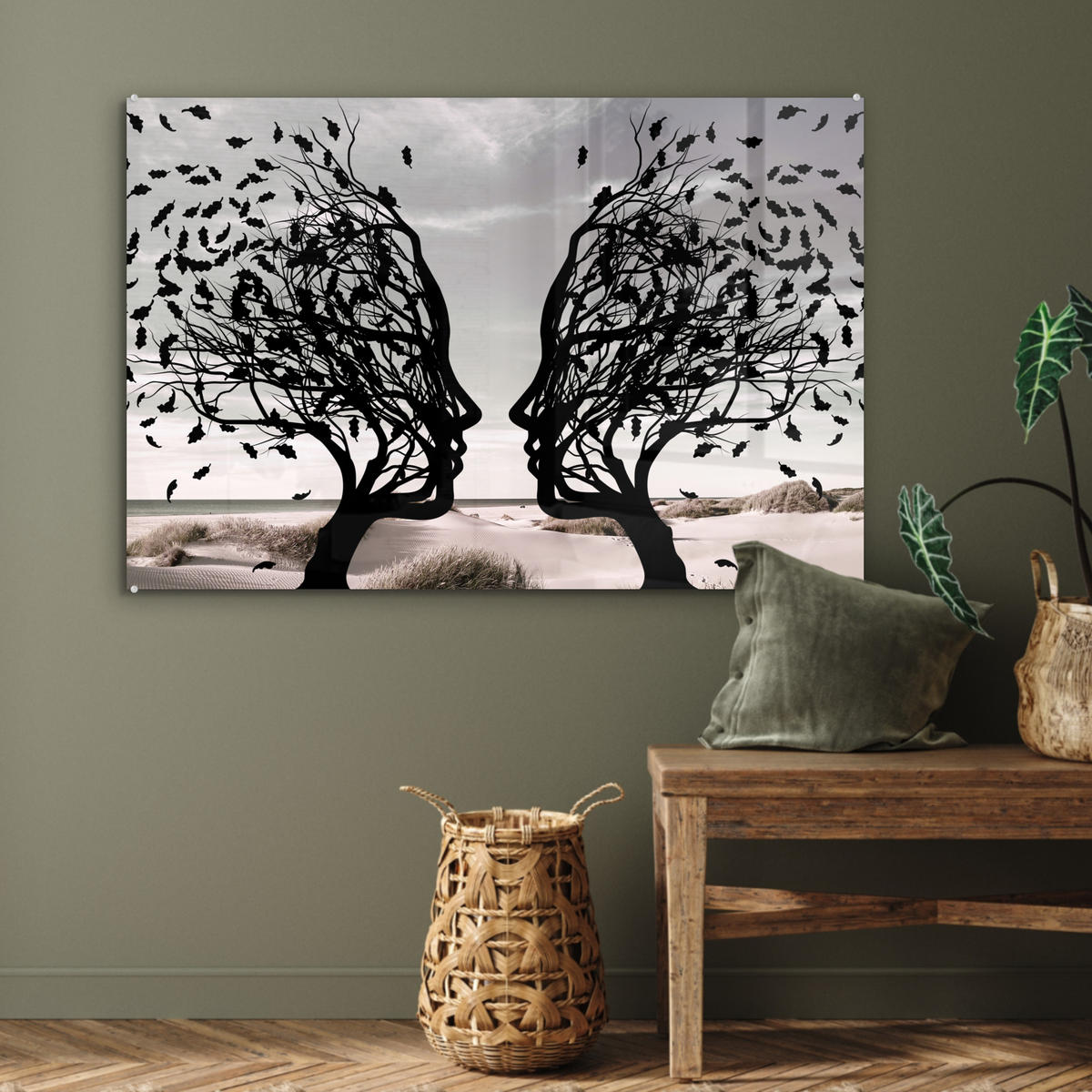 ACRYLGLASBILD Strand - Meer - Menschen - Baum - Moderne Kunst 120x80 cm - Hellgrau, Glas (120/80cm) - MuchoWow