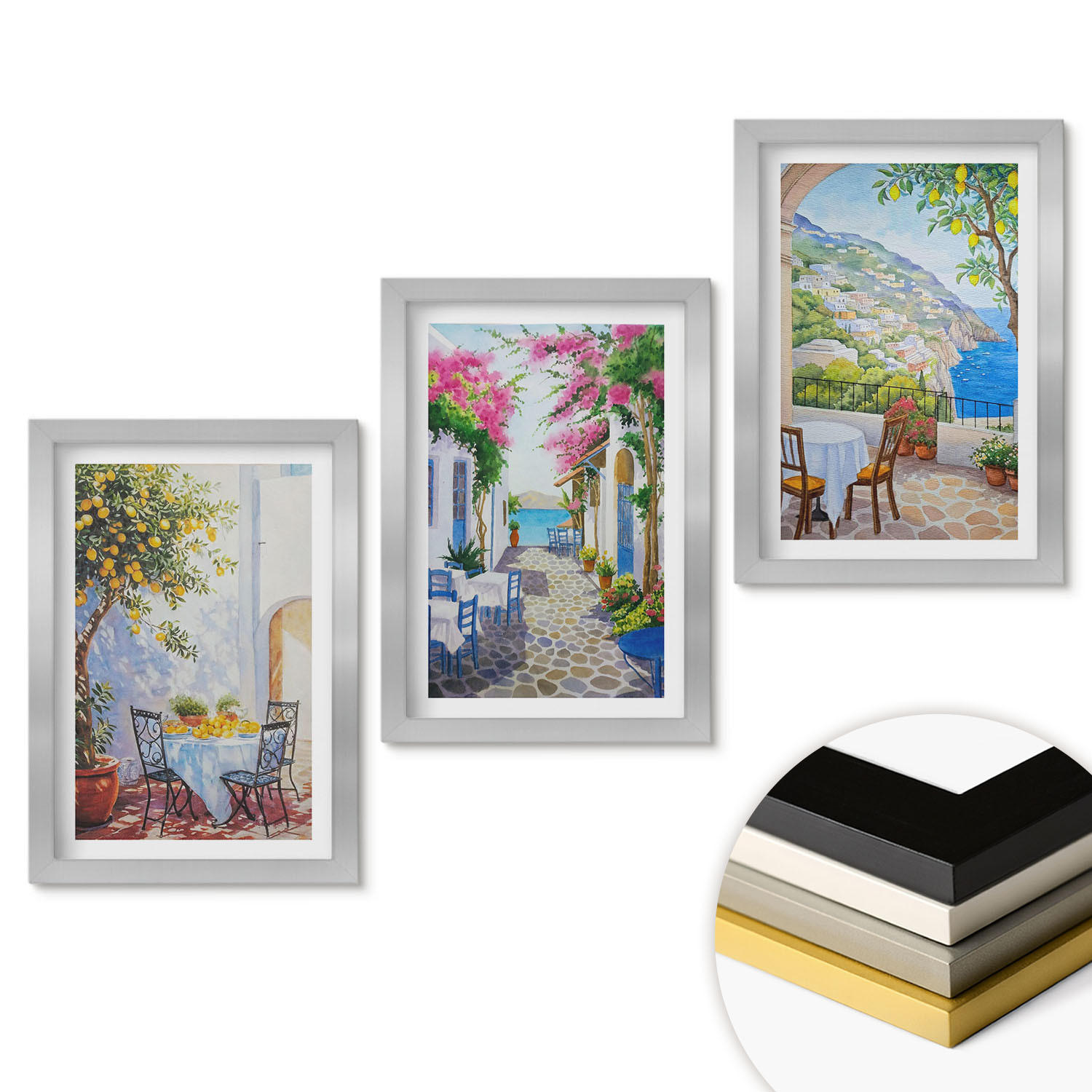 WANDBILDER 3er Set - 20x30 cm Silberner Rahmen - Charmante Straßen, Pflanzen, Meer - Silberfarben, Kunststoff (20/30cm) - ArtPrintCave