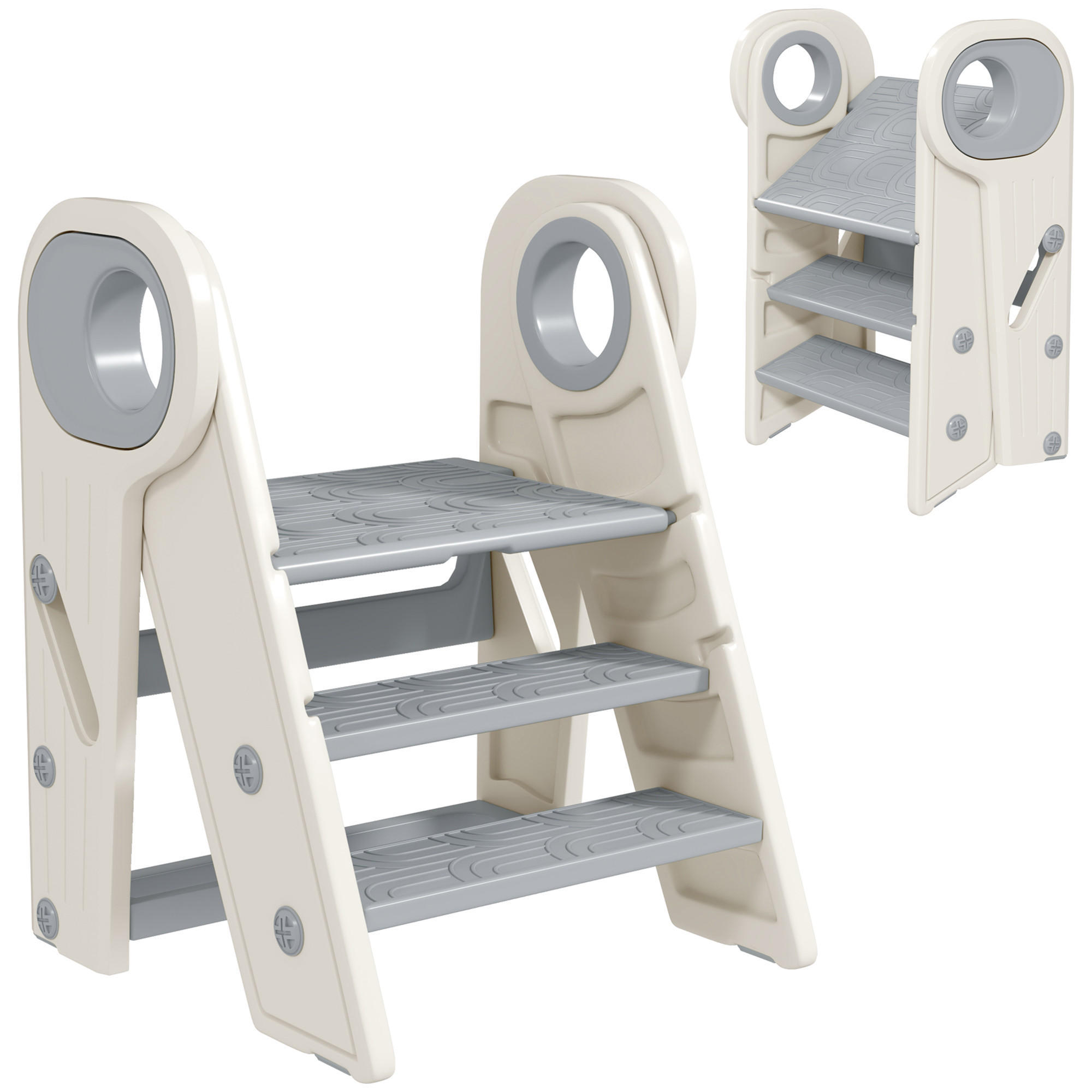 KINDERTRITTHOCKER DE-17237 3-fach höhenverstellbar & klappbar Grau - Grau, Naturmaterialien (47/61.5/46.5cm) - ComfortXL