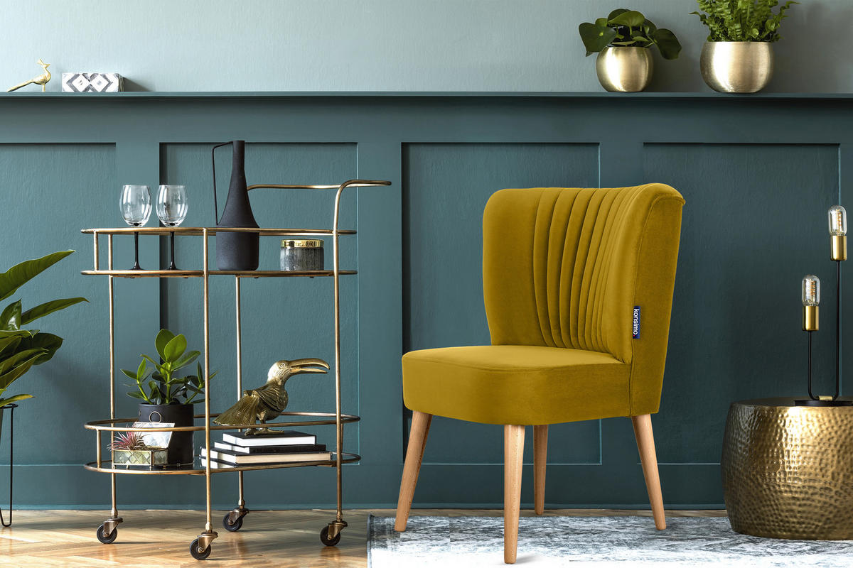 COCKTAILSESSEL DUCO auf hohen Beinen, Gelb/Eiche - Eichefarben/Gelb, Holz/Textil (63/89/65cm) - KONSIMO®