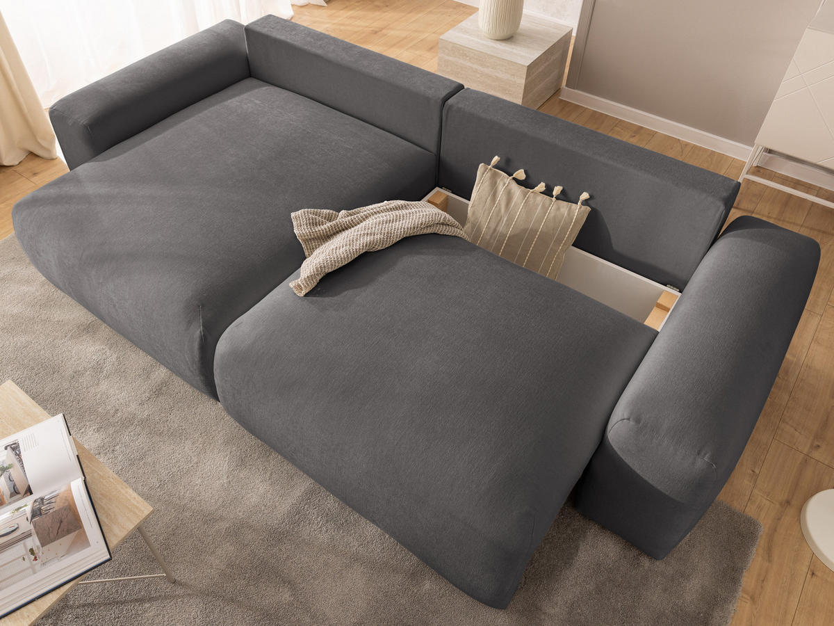 ECKSOFA Puffy mit Schlaffunktion und Bettkasten - besonders weich und puffig aus Taupe Webstoff - Ottomane links - Taupe/Schwarz, Holz/Kunststoff (138/266cm) - S-Style Möbel