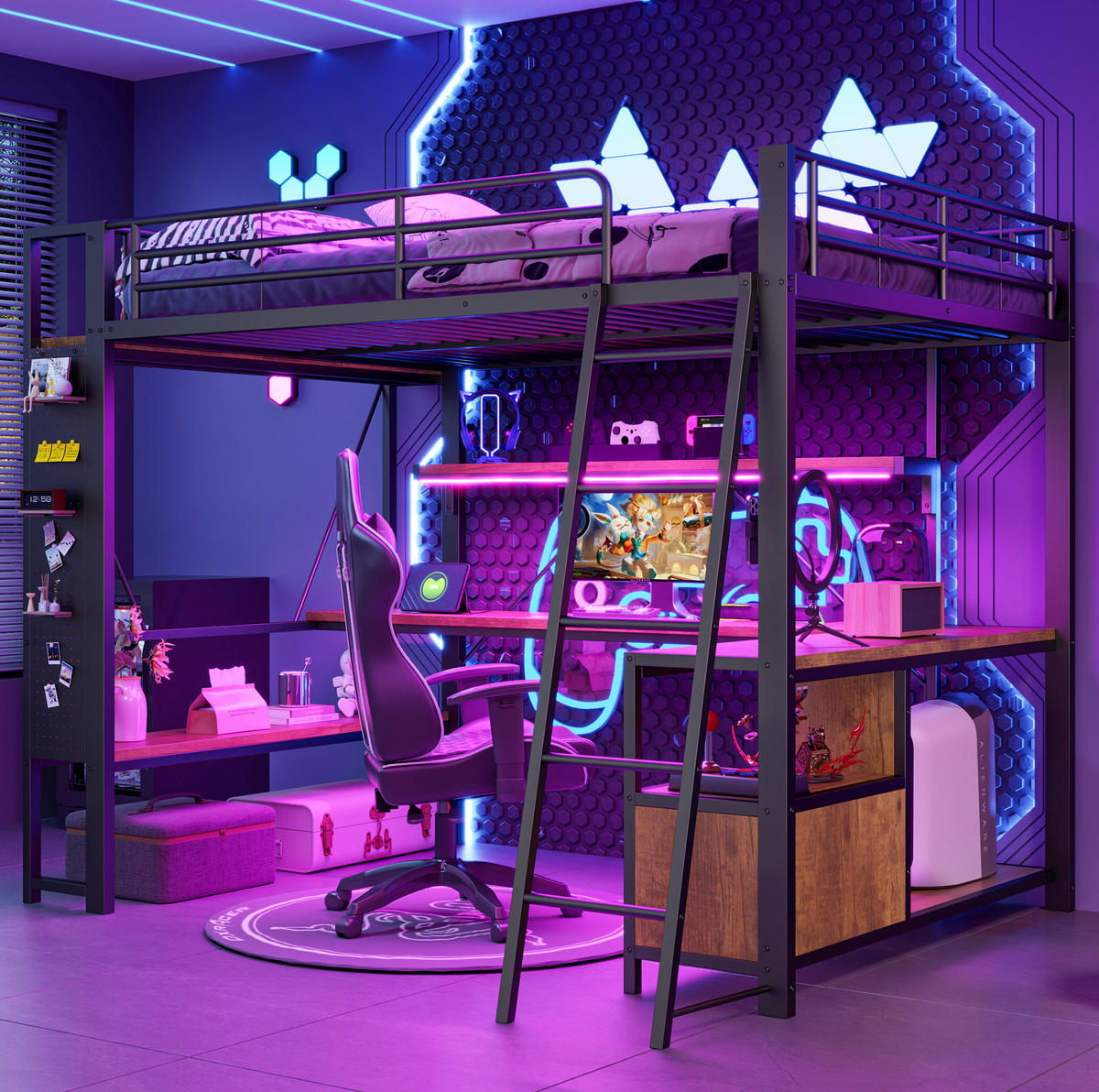 HOCHBETT 140/200 cm schwarz aus Metall und MDF mit LED und Schreibtisch - Schwarz, Metall (140/200cm) - OKWISH
