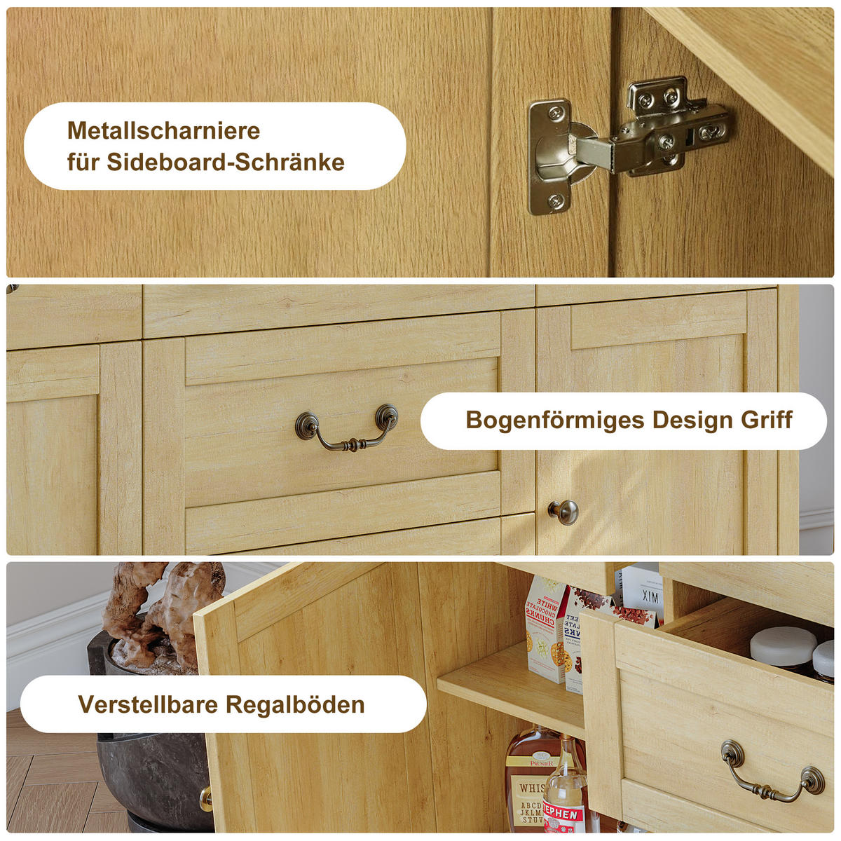SIDEBOARD Holz Natur 5 Schubladen 2 Türen Buffetschrank - Naturfarben, Holz/Metall (40/80/135cm) - PARAFTA HOME