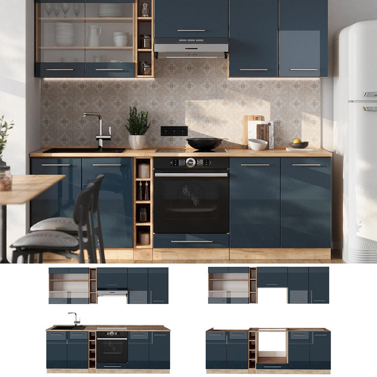 KUHINJSKA ENOTA Fame-Line Temno modra barva visokega sijaja/zlati hrast 235 cm , DP Antracit - medeni hrast/temno modra, leseni material (235/206.8/60cm) - Vicco
