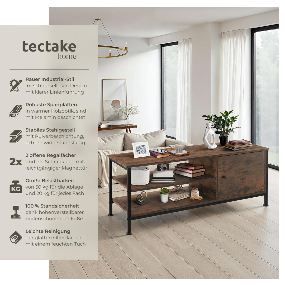 TV-REGAL Durban,110 x 40 x 45,5 cm,Industrial Holz dunkel, rustikal - Rostfarben, Holzwerkstoff (40/45.5/110cm) - tectake