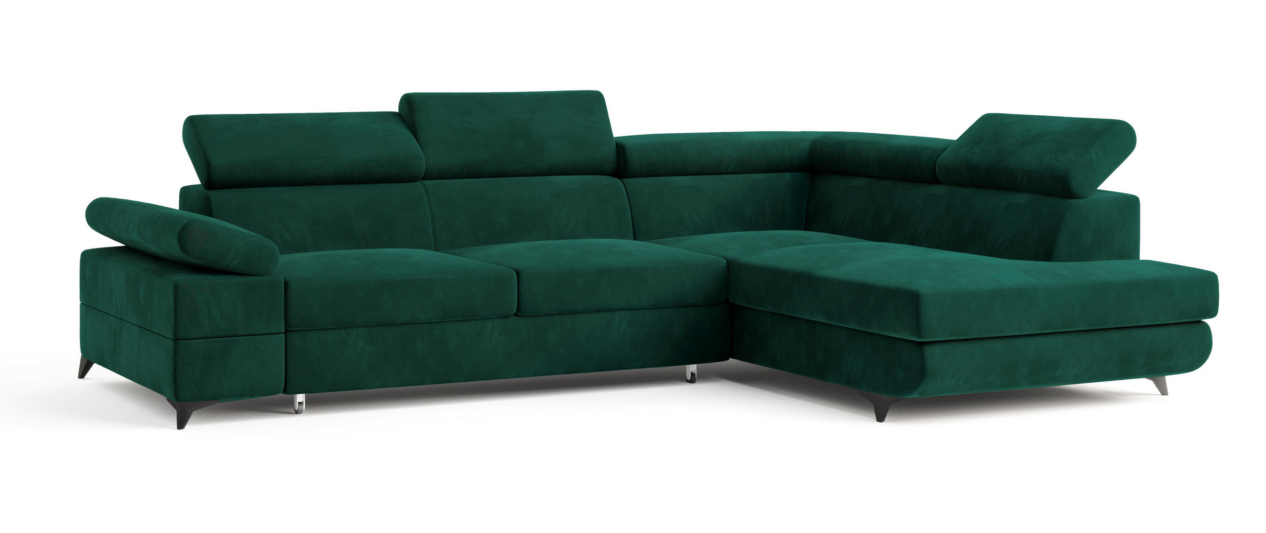 ECKSOFA FAVIEN R-S Grün Velours-Stoff mit Schlaffunktion - Grün, Holz (257/190cm) - MASSENO