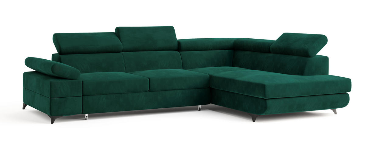 ECKSOFA FAVIEN R-S Grün Velours-Stoff mit Schlaffunktion - Grün, Holz (257/190cm) - MASSENO