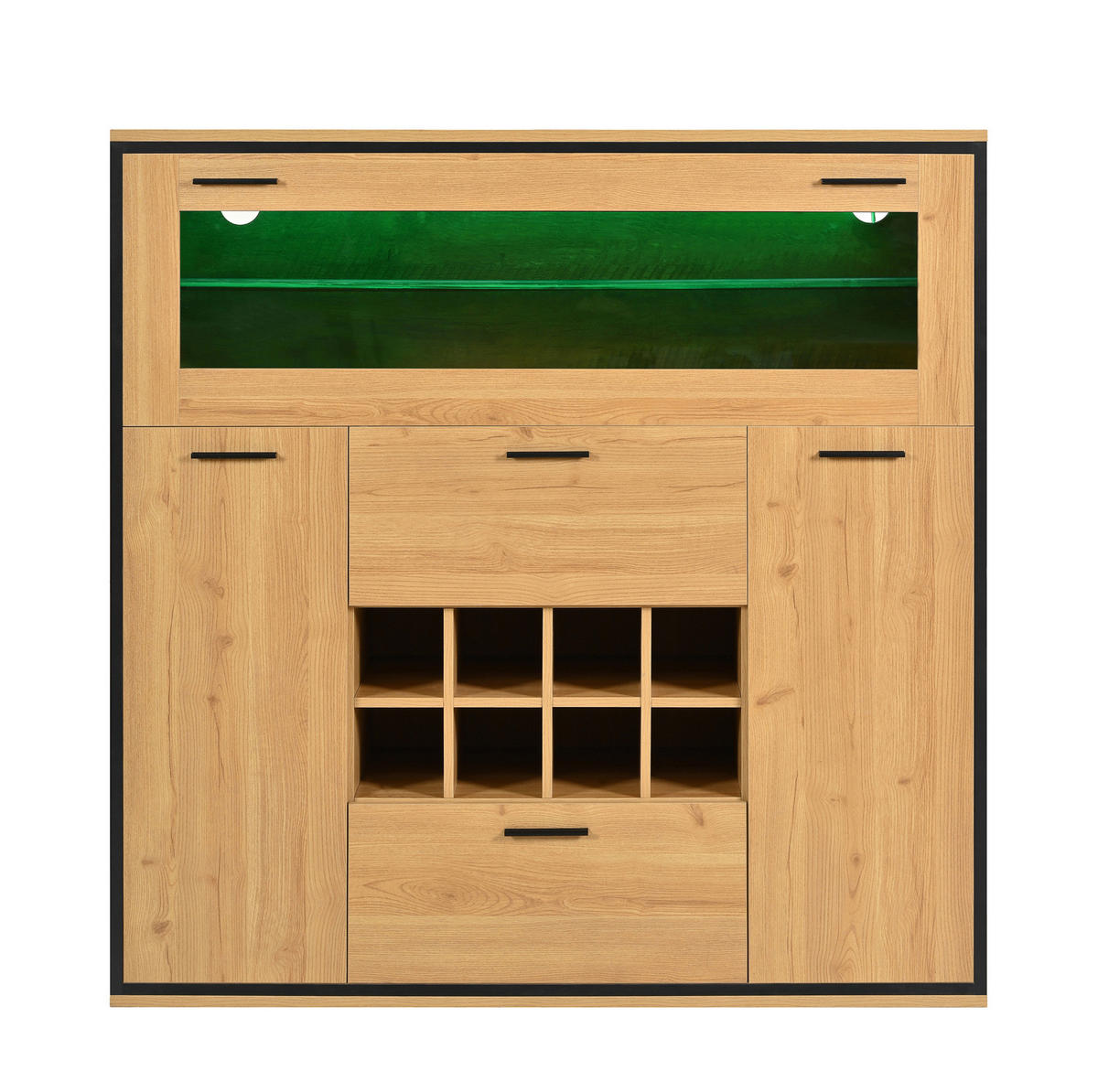 SIDEBOARD 38/110/111 cm mit Weinregal, Glastrennwand und LED-Beleuchtung, Natur/Schwarz - Naturfarben, Holzwerkstoff (110/111/38cm) - Redom