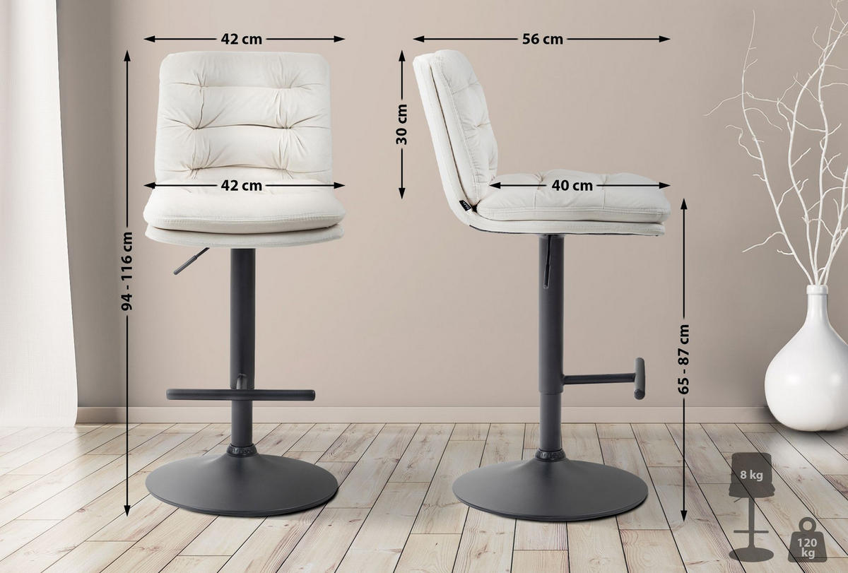 BARHOCKER 2er Set Samt creme - Creme/Schwarz, Textil/Metall (42/94/56cm) - CLP