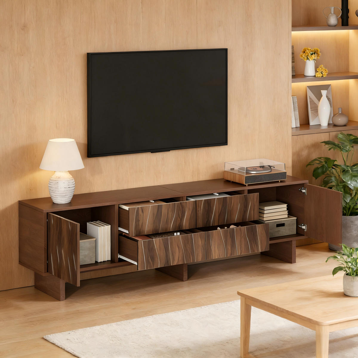 TV stolík 180/40/56 cm tmavý orech z drevotriesky s vlnitým dizajnom, 4 zásuvkami a 2 dvierkami - hnedá, kompozitné drevo (180/56/40cm) - OKWISH