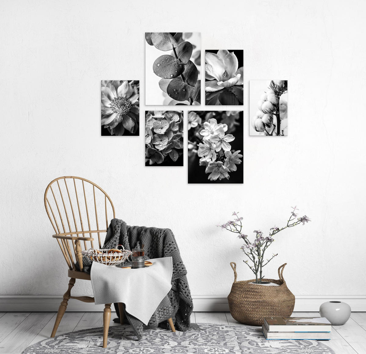 BILDERSET 6er-Set 30x40 cm + 20x30cm Blumen schwarz weiß - Weiß, Kunststoff (105/85cm) - artissimo