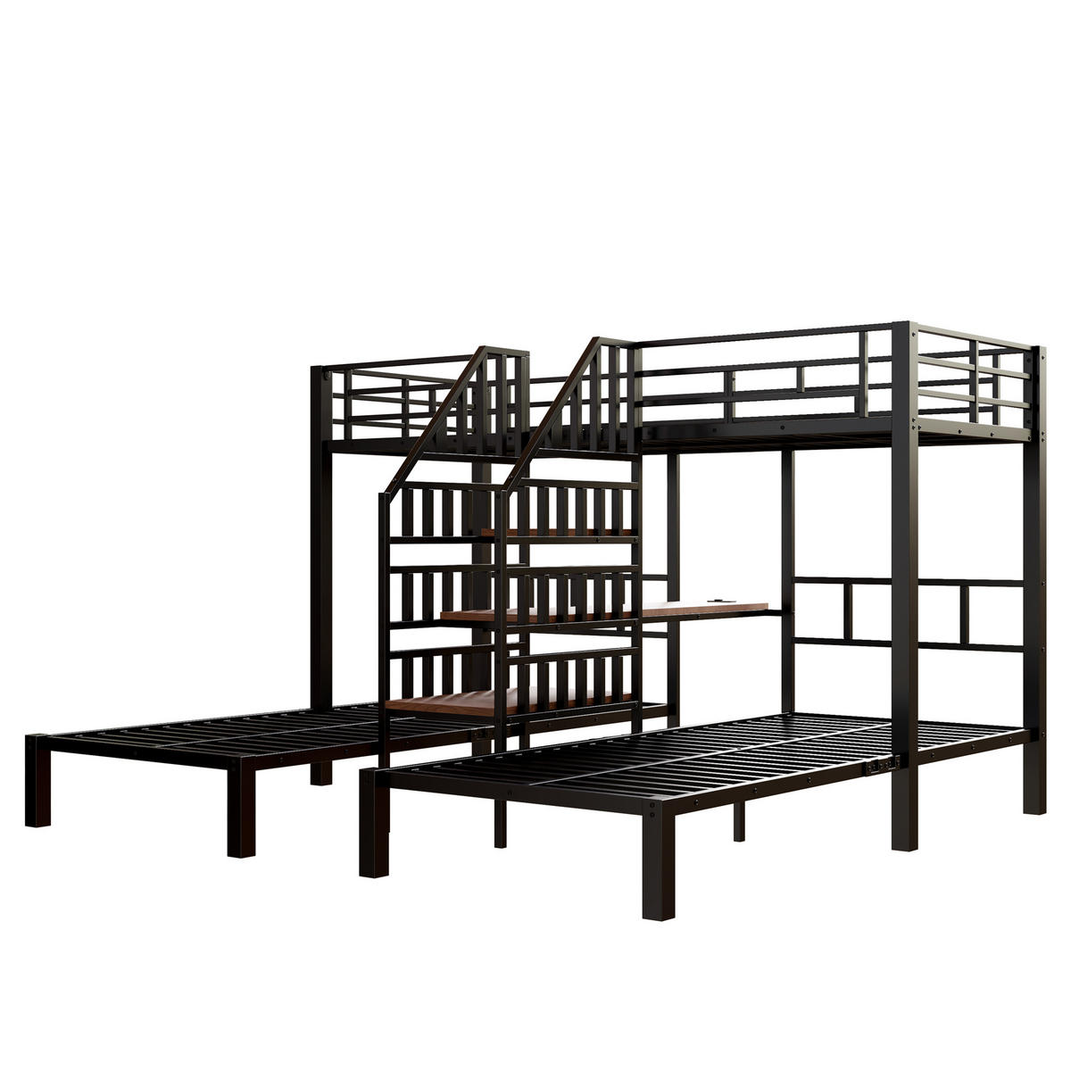 ETAGENBETT 90/200 cm mit LED-Beleuchtung, Schreibtisch, Stauraumtreppe, USB und Steckdose, Metall/MDF, Schwarz - Schwarz, Metall (90/200cm) - Redom
