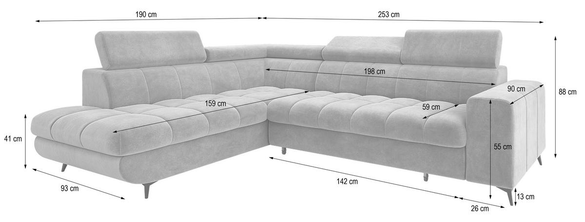 ECKSOFA MORIVA L-S Hellgrau Velours-Stoff mit Schlaffunktion - Hellgrau, Holz (253/190cm) - MASSENO