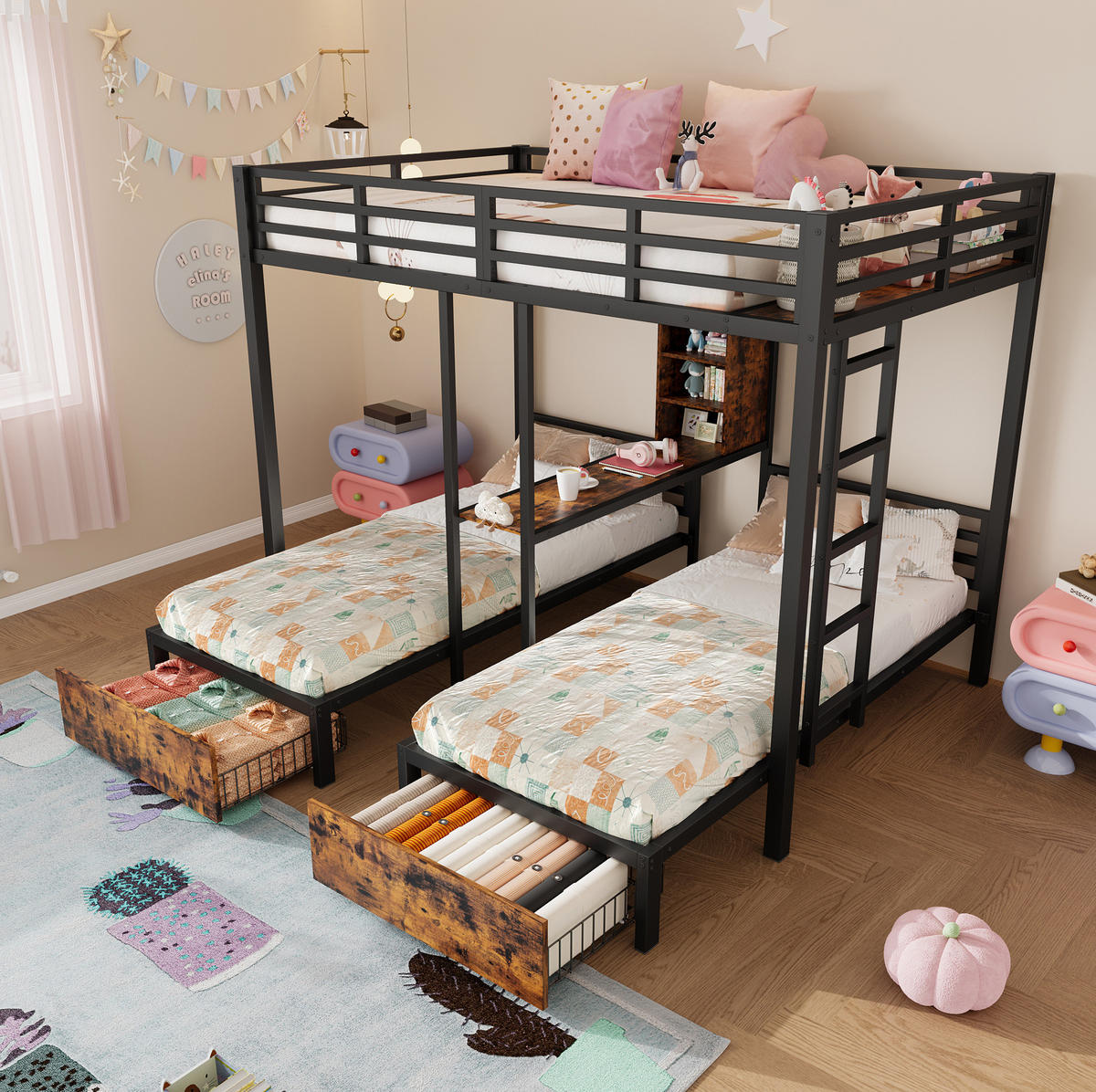 ETAGENBETT 140/200 + 90/200 cm aus Metall und MDF mit 3 Schlafplätzen und 2 Schubladen Schwarz - Schwarz, Holzwerkstoff (140/200cm) - Modenvie