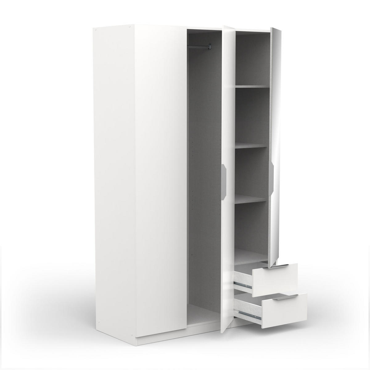 KLEIDERSCHRANK mit 3 Türen, 2 Schubladen und 1 Spiegel Ghost - L119,4 cm - Weiß, Holz (119/203/51cm) - Demeyere