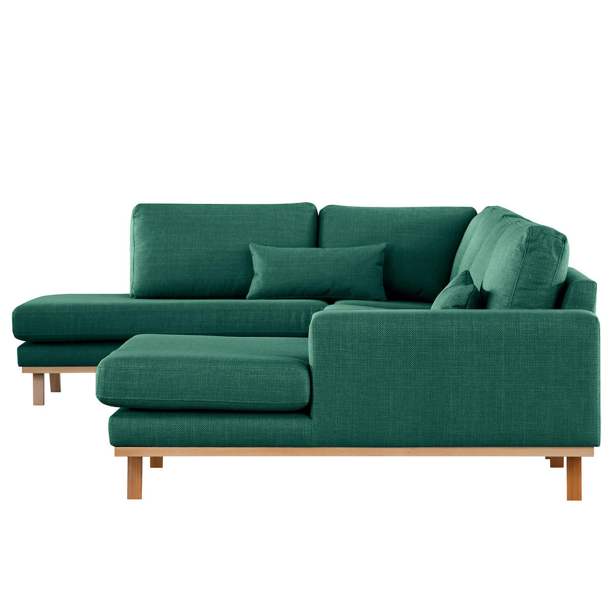 WOHNLANDSCHAFT mit Longchair - Dunkelgrün/Buchefarben, Buchenholz/Textil (371/81/219cm) - home24