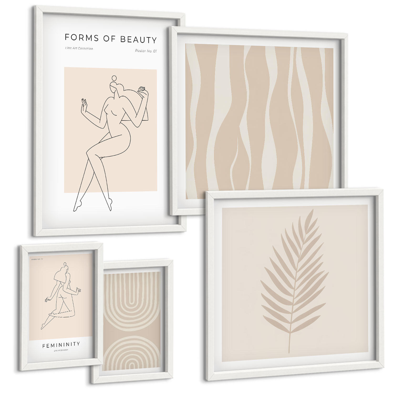 BILDER SET 5er Set - 50x50 cm & 20x30 cm & 40x60 cm Weißer Rahmen - Abstrakte Boho-Dekorationen - Weiß, Kunststoff (40/60cm) - TULUP