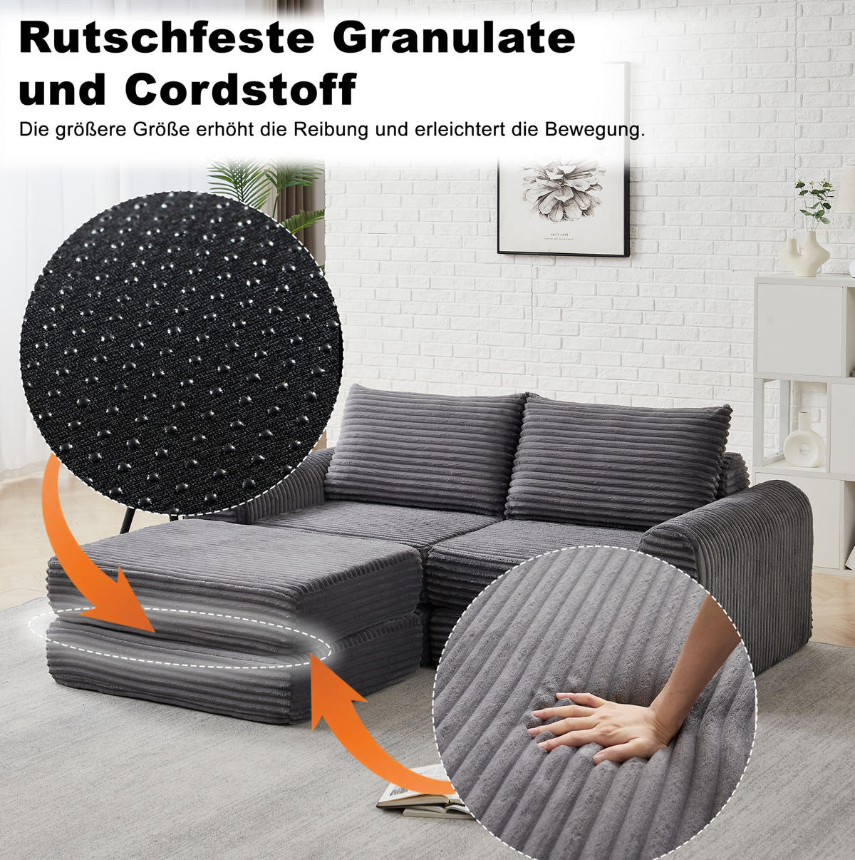 SCHLAFSOFA, Cord mit modularem Aufbau & abnehmbarer Fußstütze, 243/194/53 cm, Grau - Grau, Textil (243/53/194cm) - Redom