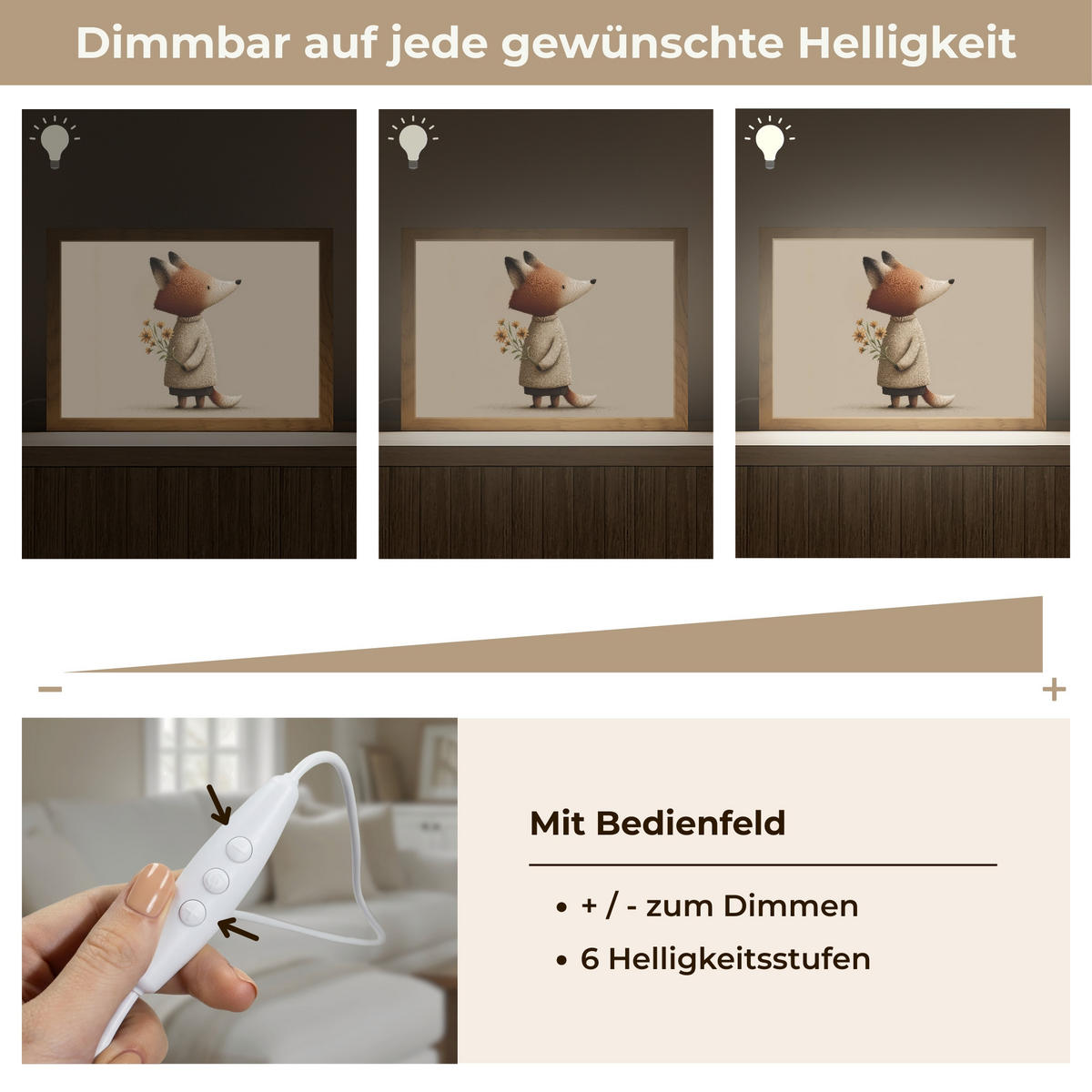 NÁSTĚNNÁ LAMPA Liška - Žluté květy - Minimalistický 30x20 cm - šedohnědá, kompozitní dřevo (30/20/8cm) - OnlyWow