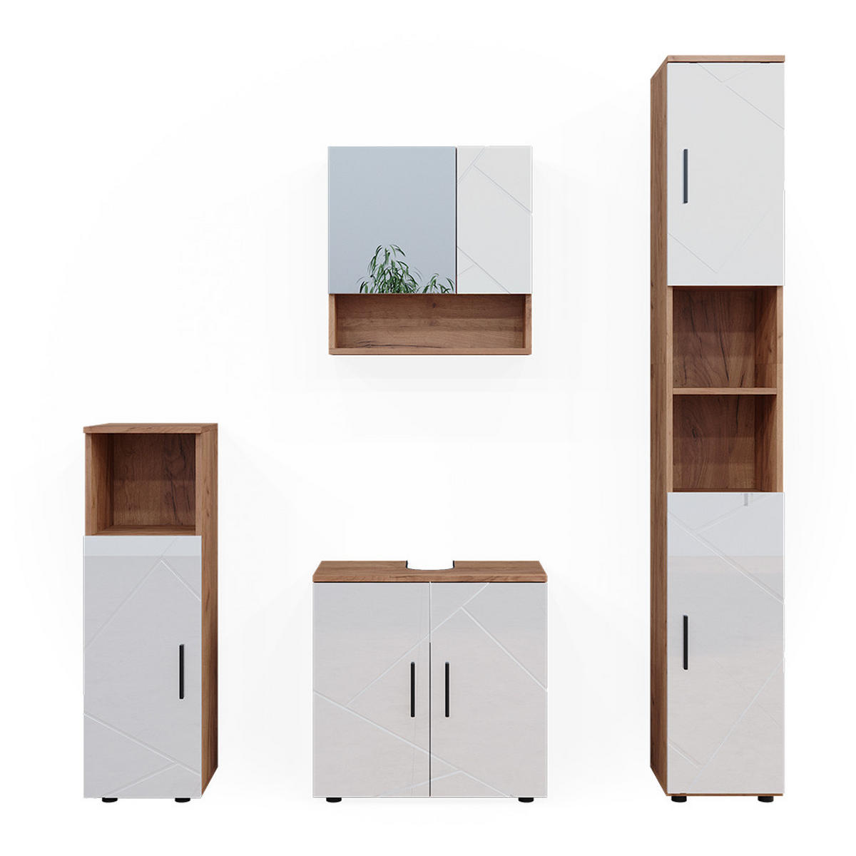 BADMÖBEL-SET Irma Weiß Hochglanz/Goldkraft Eiche 4 Teile mit Hochschrank - Weiß Hochglanz/Eiche Wotan, Holzwerkstoff (80/58.6/41cm) - Vicco