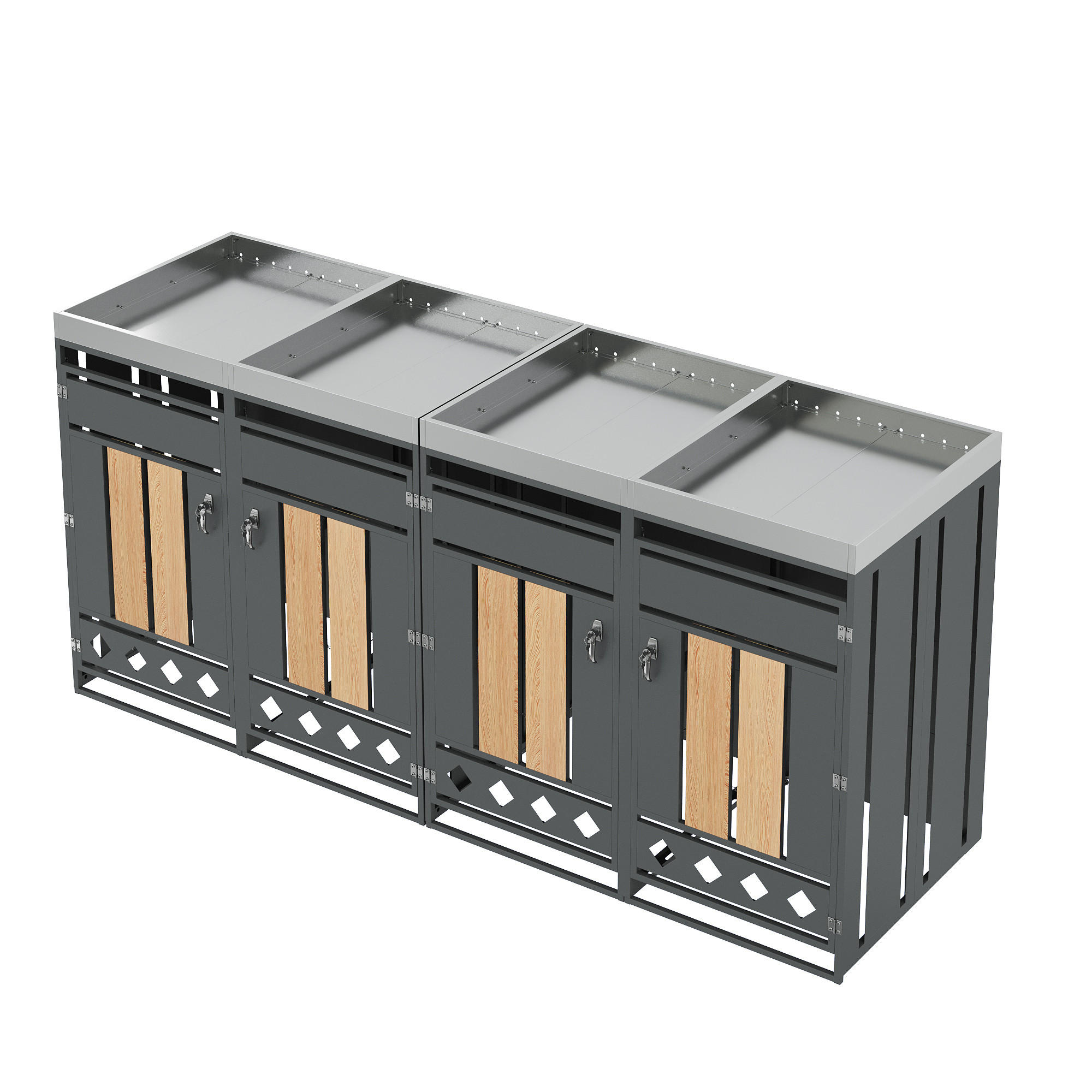 MÜLLTONNENBOX 4 Türen Holzoptik abschließbar Pflanzdach - Multicolor, Metall (160/163/264cm) - FLIEKS