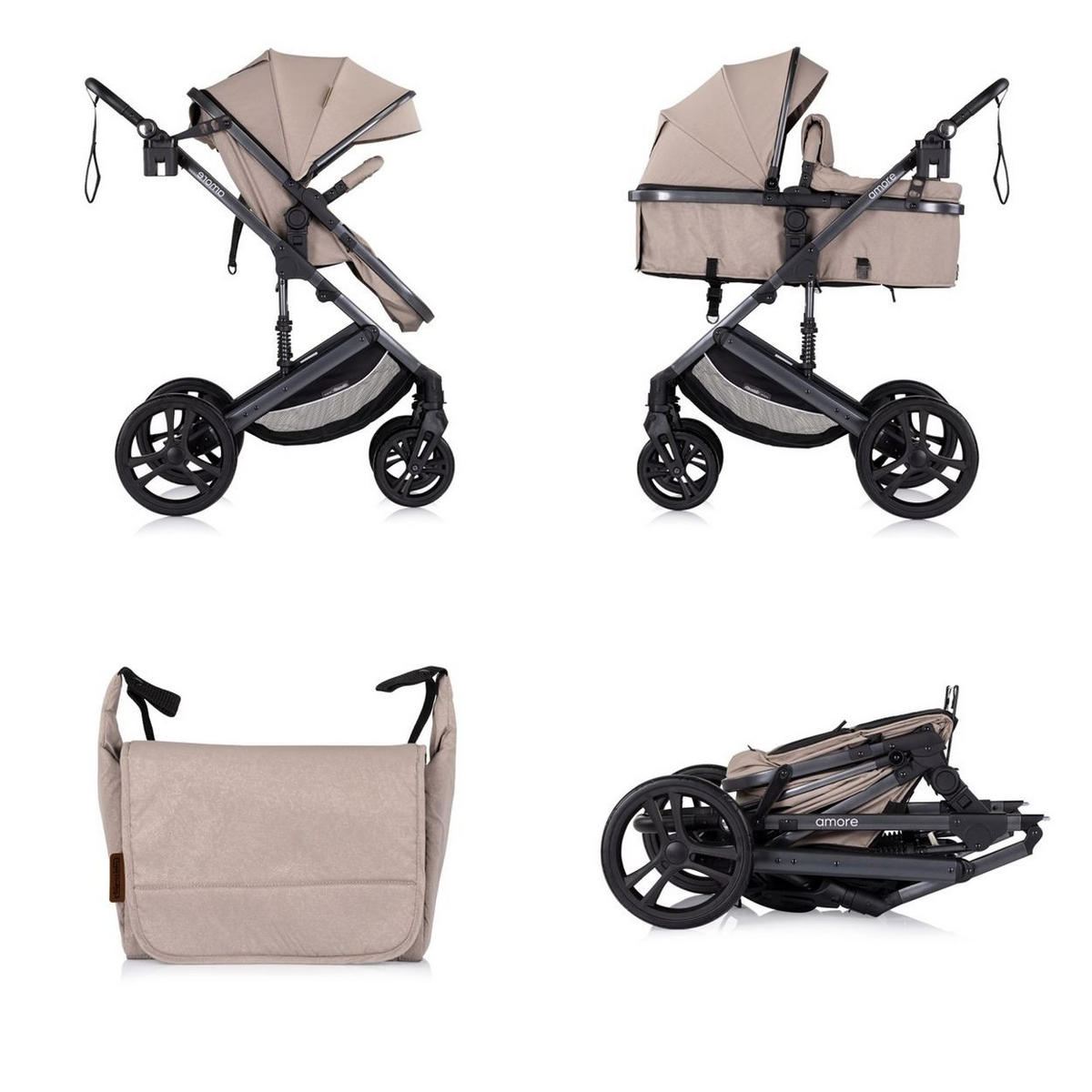 KOMBIKINDERWAGEN 2 in 1 Amore hellbraun Getränkehalter Wickeltasche Fußabdeckung Korb - Braun, Metall (95/63/105cm) - Chipolino