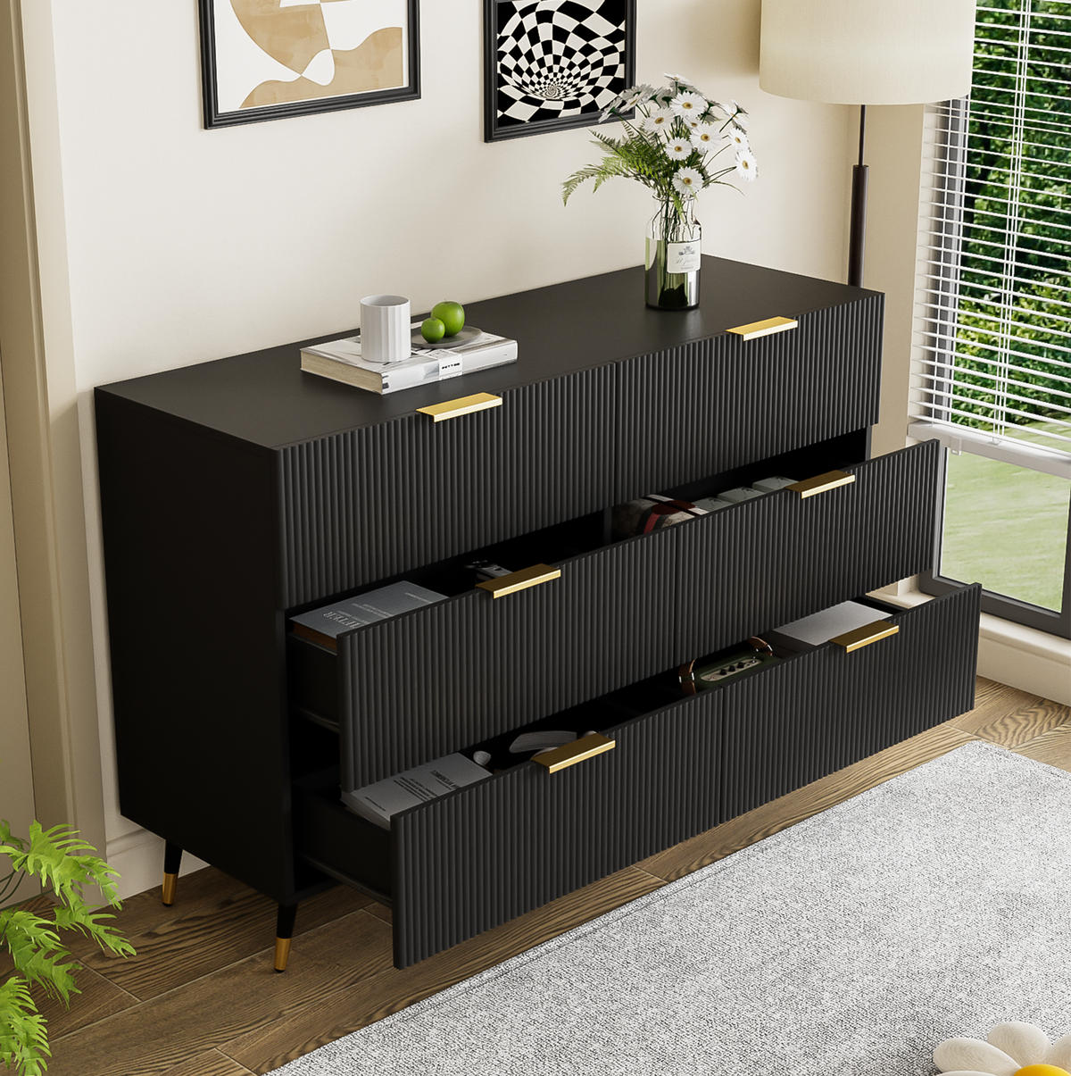 SIDEBOARD mit 6 Schubladen, mit goldenen Griffen und Beinen, 120/40/77 cm, Schwarz - Schwarz, Holzwerkstoff (120/40/77cm) - Redom