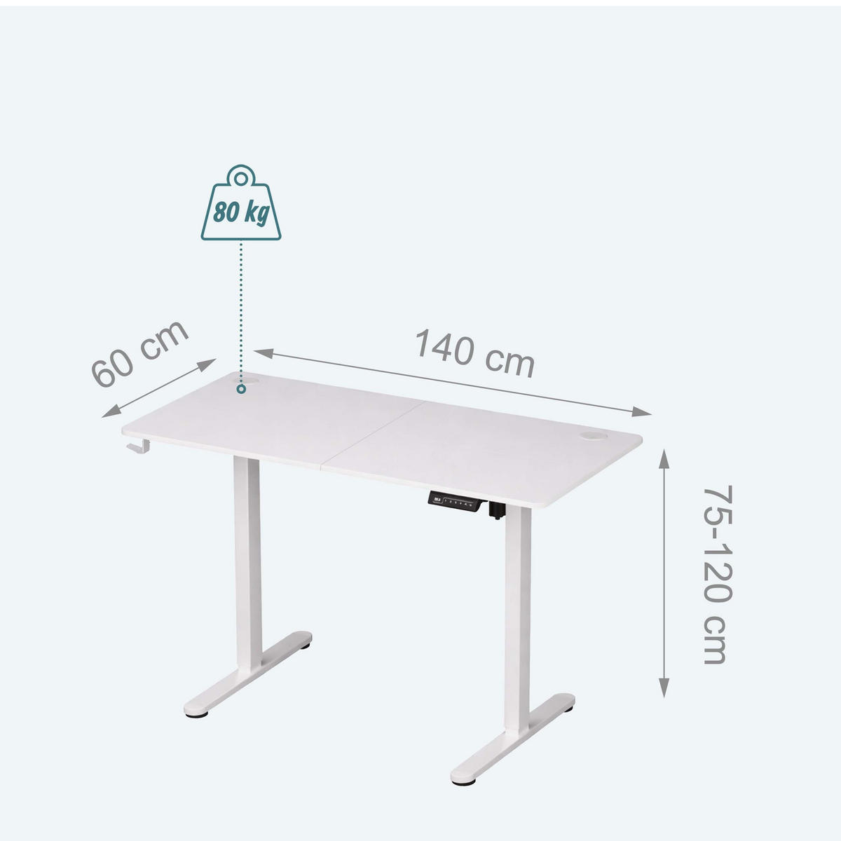 SCHREIBTISCH Weiß elektrisch höhenverstellbar 140x60 cm - Weiß, Holzwerkstoff/Kunststoff (60/140/120cm) - Relaxdays