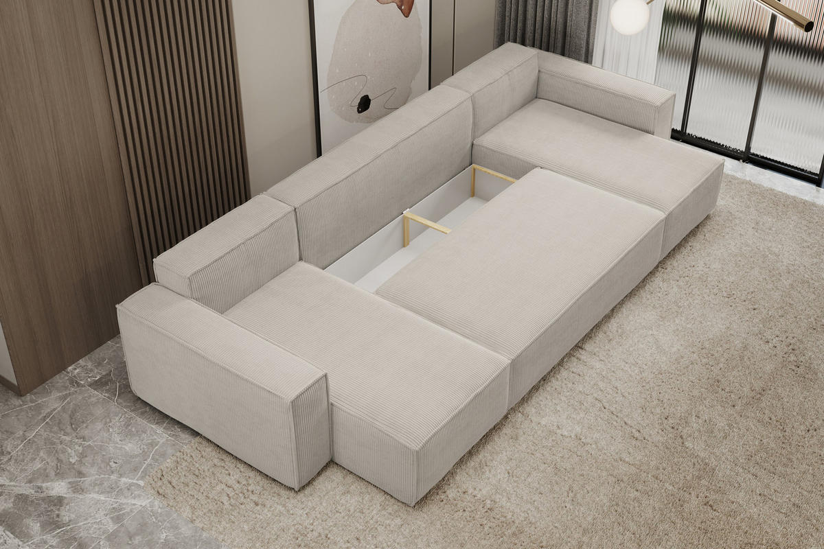 WOHNLANDSCHAFT Hugo U-Form Cordstoff mit Schlaffunktion und Bettkasten - Beige, Textil (312/83/142cm) - VENASI MÖBEL