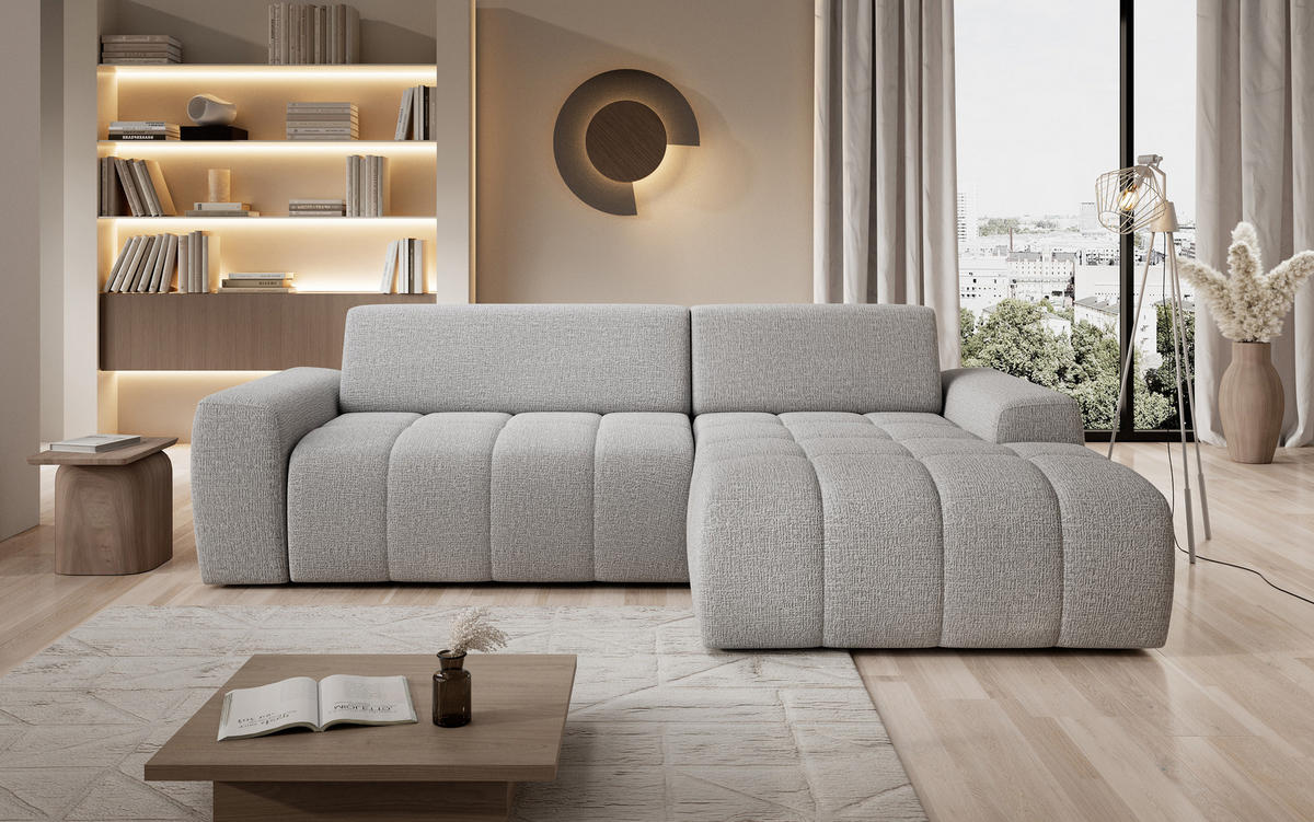ECKSOFA Savio Freistehend, mit Abriebfestem Kansas-Stoff, Maße 265x172x81 cm, Ausziehbare Sitzfläche 206x92 cm, Rechte, – Esche - Silberfarben, Holz/Textil (265/172cm) - DomoHome