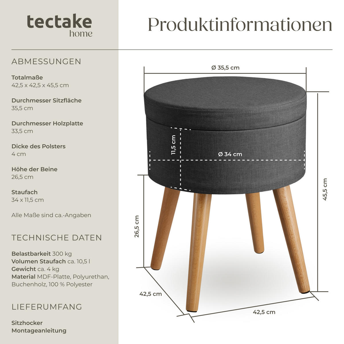 SITZHOCKER mit Stauraum Yara,42,5 x 42,5 x 45,5 cm,dunkelgrau - Dunkelgrau, Holz (42.5/45.5/42.5cm) - tectake