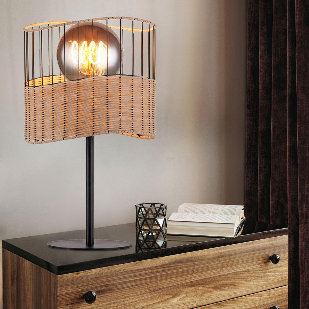 LED TISCHLEUCHTE Metall Schwarz Holzgeflecht - Schwarz, Holz (25/25/42cm)