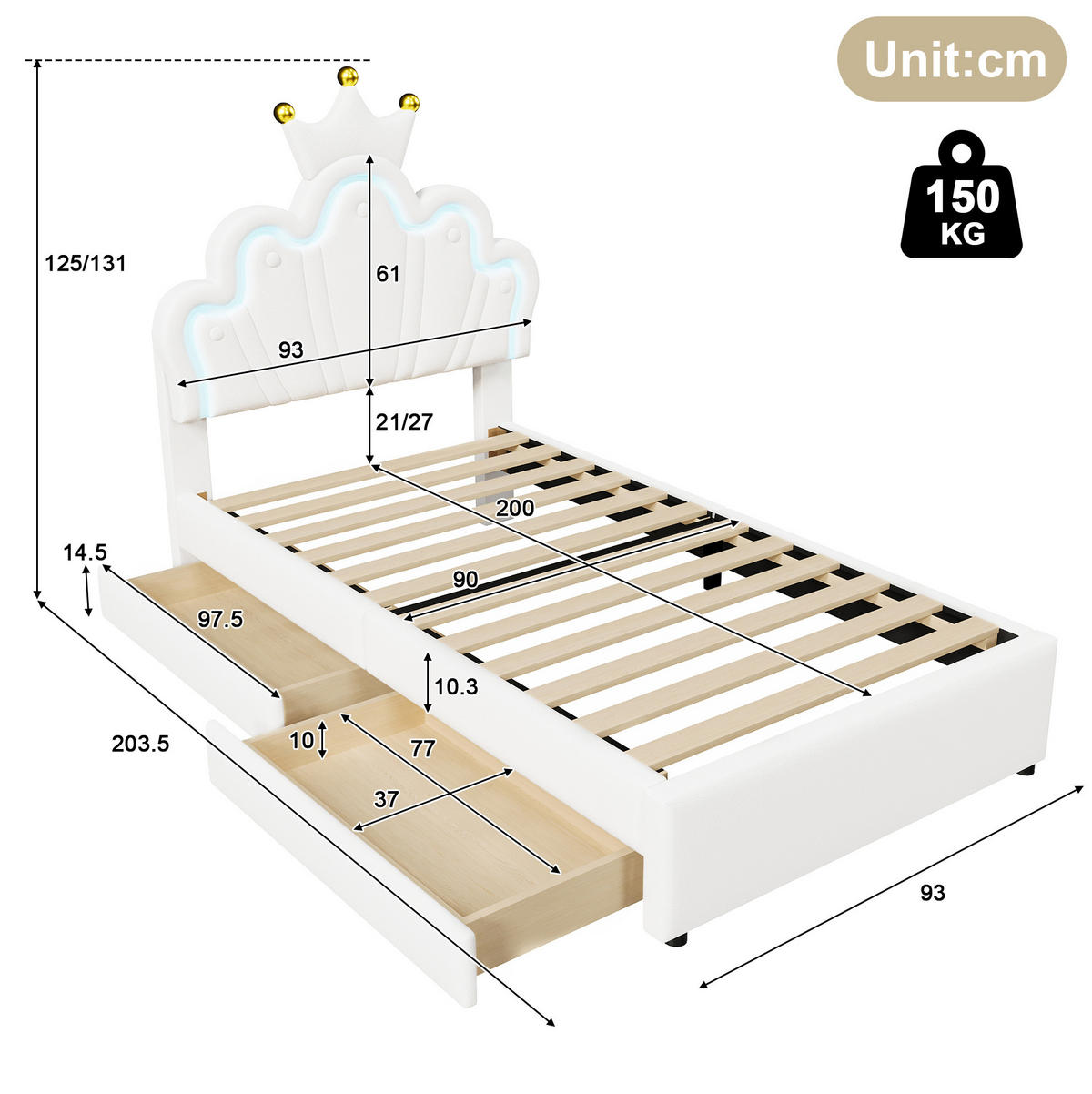 KINDERBETT 90/200 cm aus PU mit verstellbarem Kopfteil und LED-Beleuchtung Weiß - Weiß, Leder (90/200cm) - Modenvie