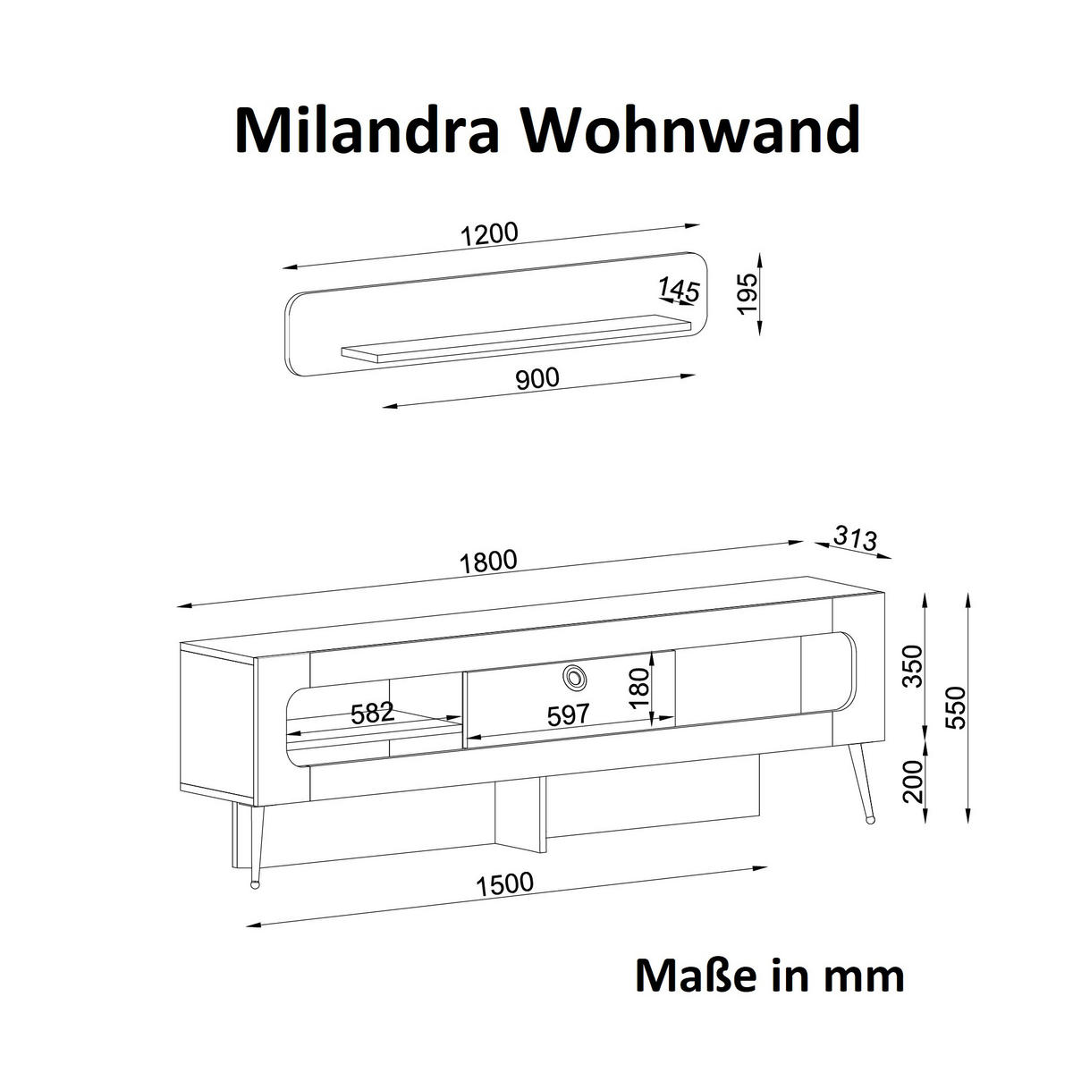 WOHNWAND Milandra Rebab Braun Dunkelgrau Dunkelgrün - Dunkelgrün/Dunkelgrau, Holzwerkstoff (180/55/31.5cm) - moebel17