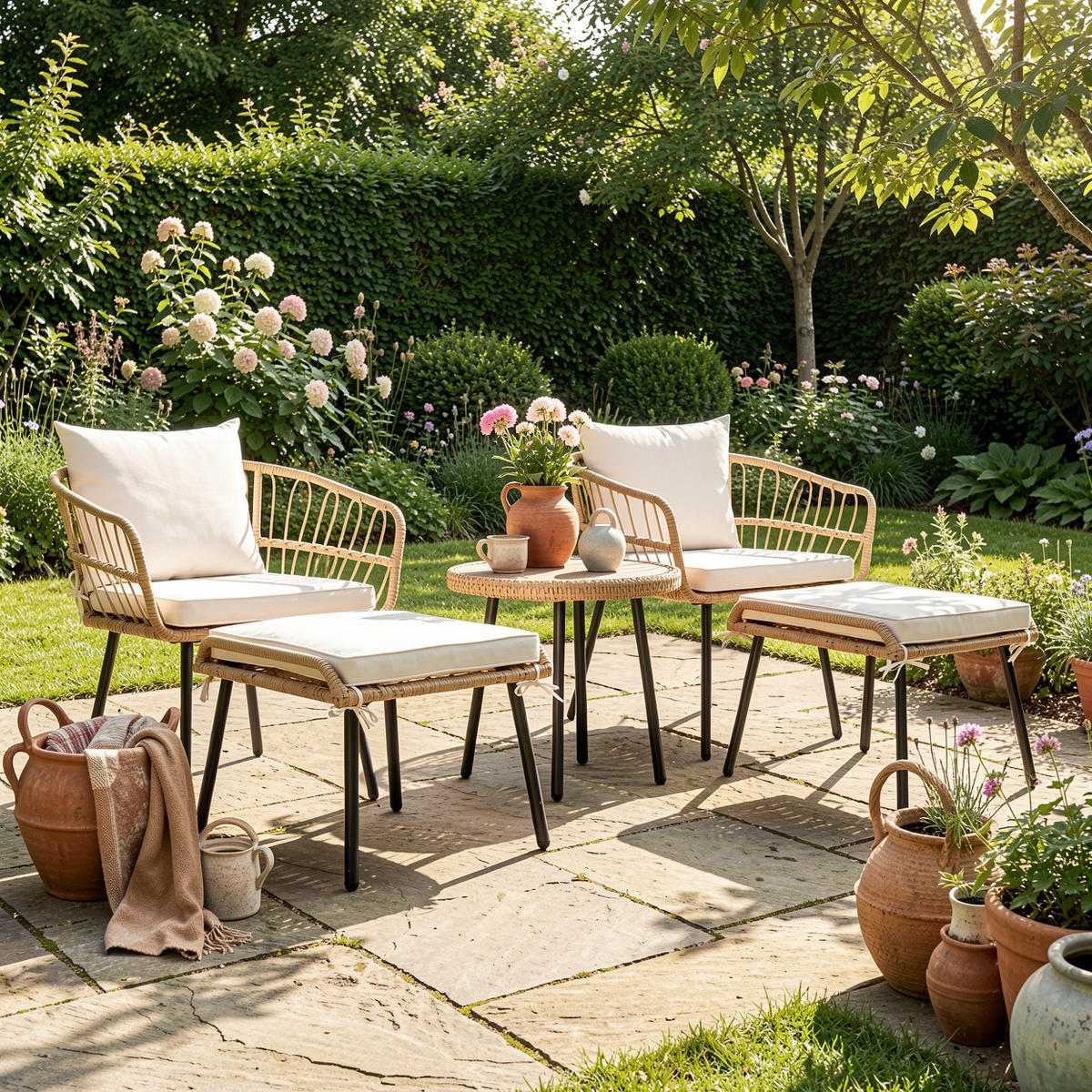 LOUNGEGARNITUR 5-tlg. Rattan Natur & Weiß Balkonmöbel mit Tisch, 2 Stühlen & 2 Hockern - Naturfarben, Textil - Urban Meuble