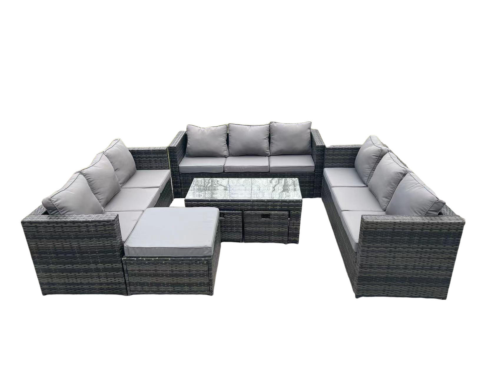SITZGRUPPE Polyrattan 12-Sitzer - Dunkelgrau/Grau, Glas/Kunststoff - Fimous