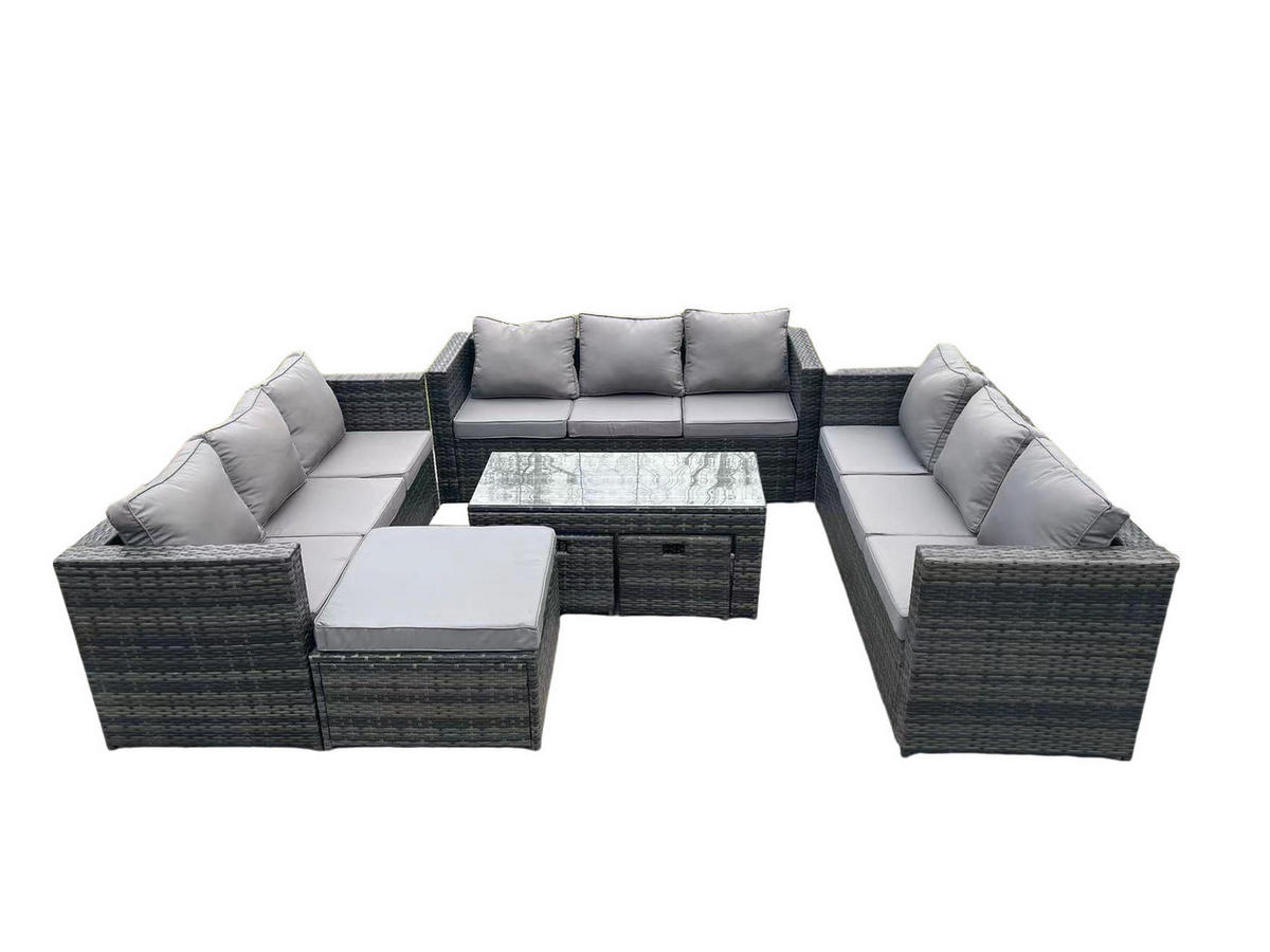 SITZGRUPPE Polyrattan 12-Sitzer - Dunkelgrau/Grau, Glas/Kunststoff - Fimous