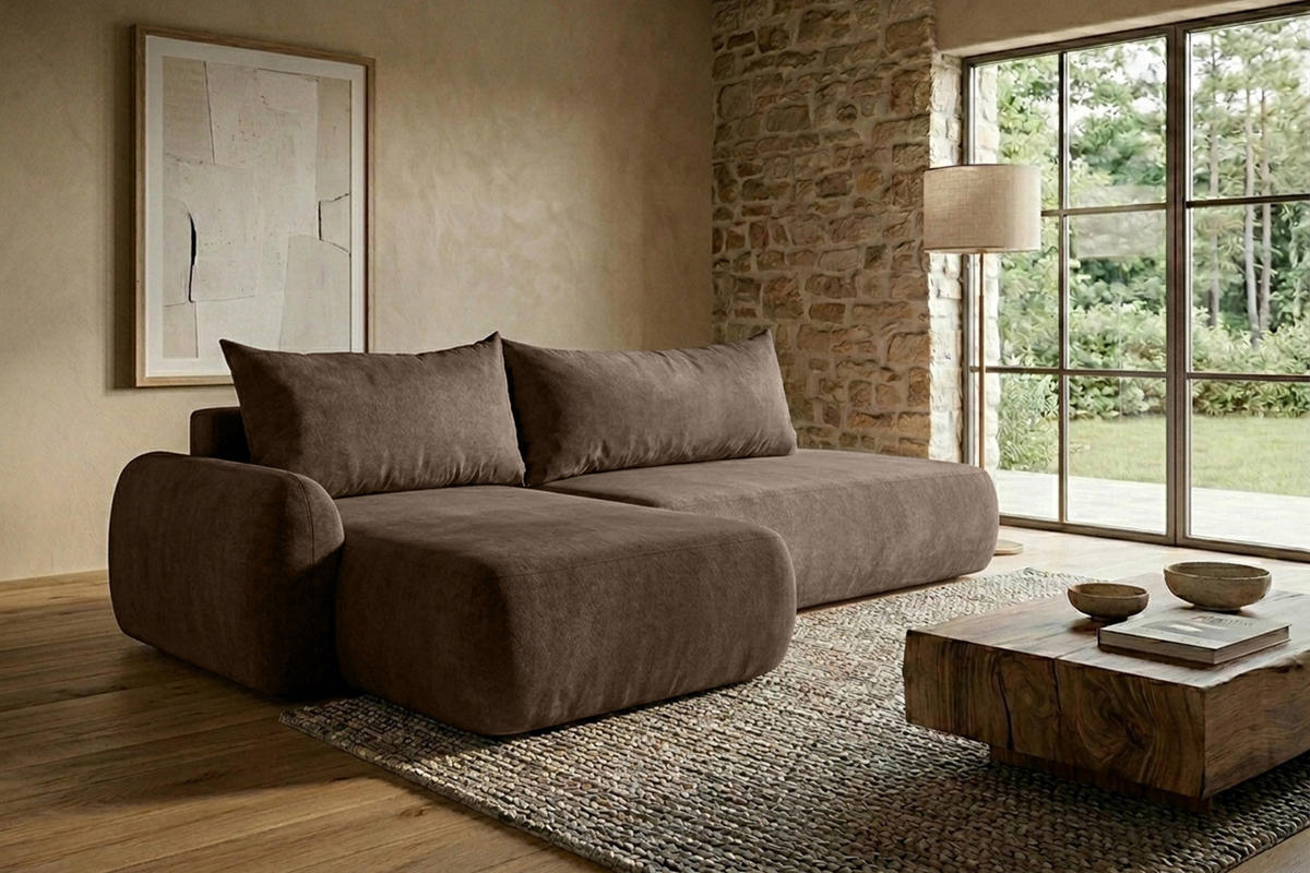 ECKSOFA Mit Schlaffunktion Und Bettkasten, Velvet-Stoff Vena, Dunkelbeige, Links, HELA I - Beige, Holz (302/184cm) - Kaiser Möbel