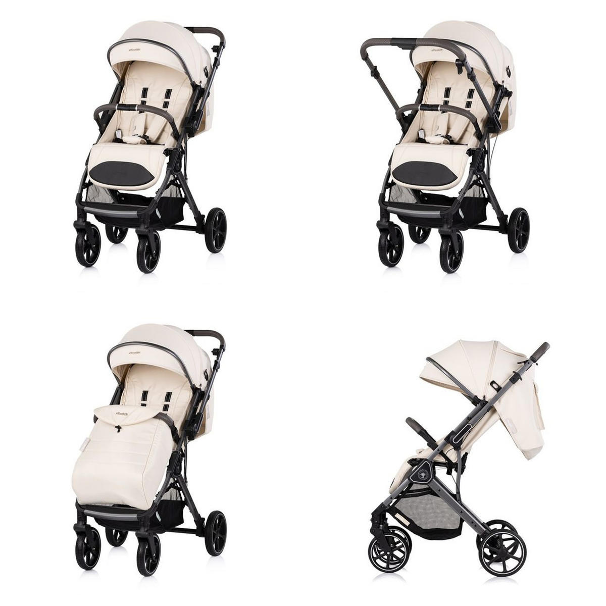 KINDERWAGEN Omnia PU-Räder beige klappbar, Stoßdämpfer, Sonnendach, Fußsack - Beige, Metall (69/63/102cm) - Chipolino