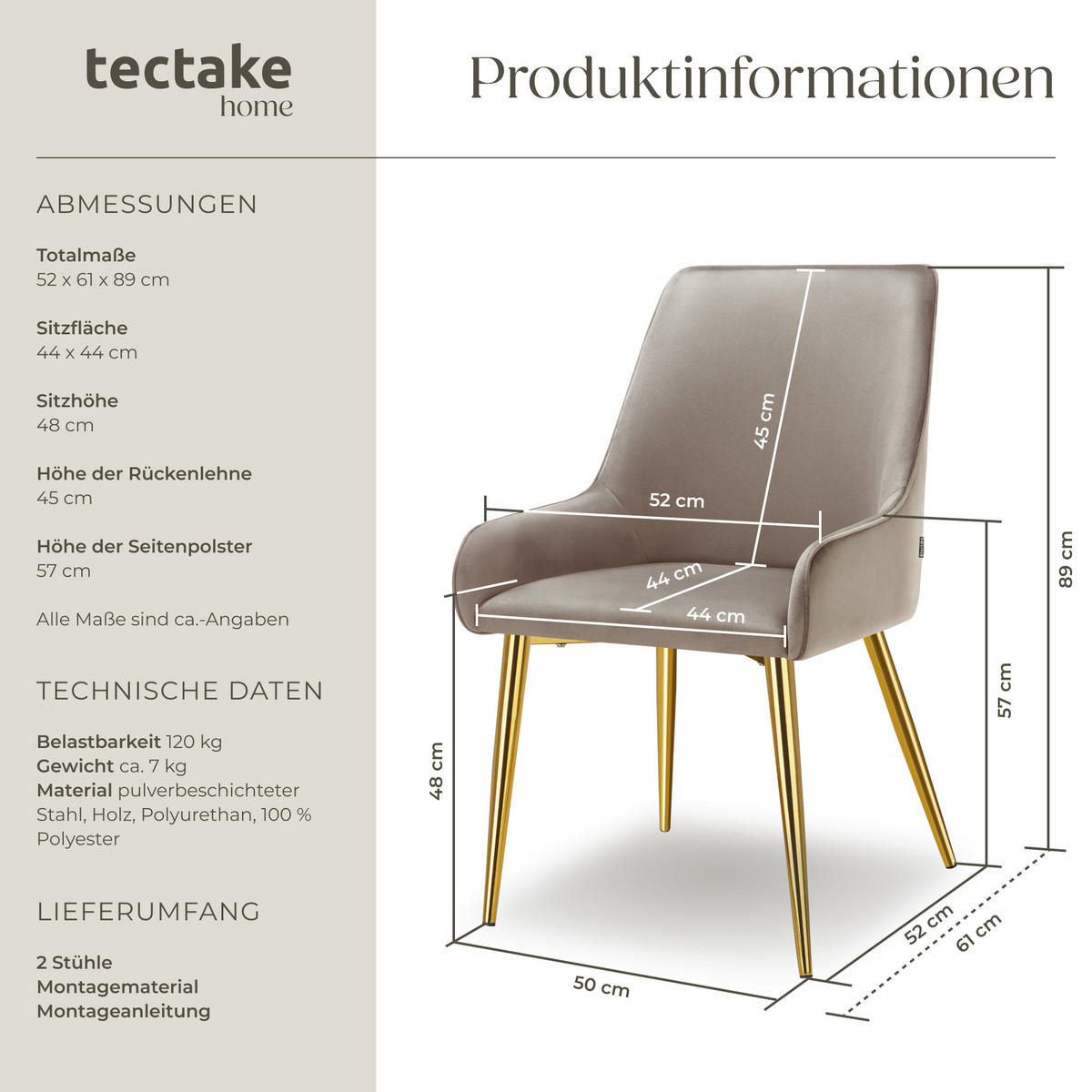 POLSTERSTUHL 2er Set Avane 52 x 61 x 89 cm taupe - Taupe, Textil (52/89/61cm) - tectake