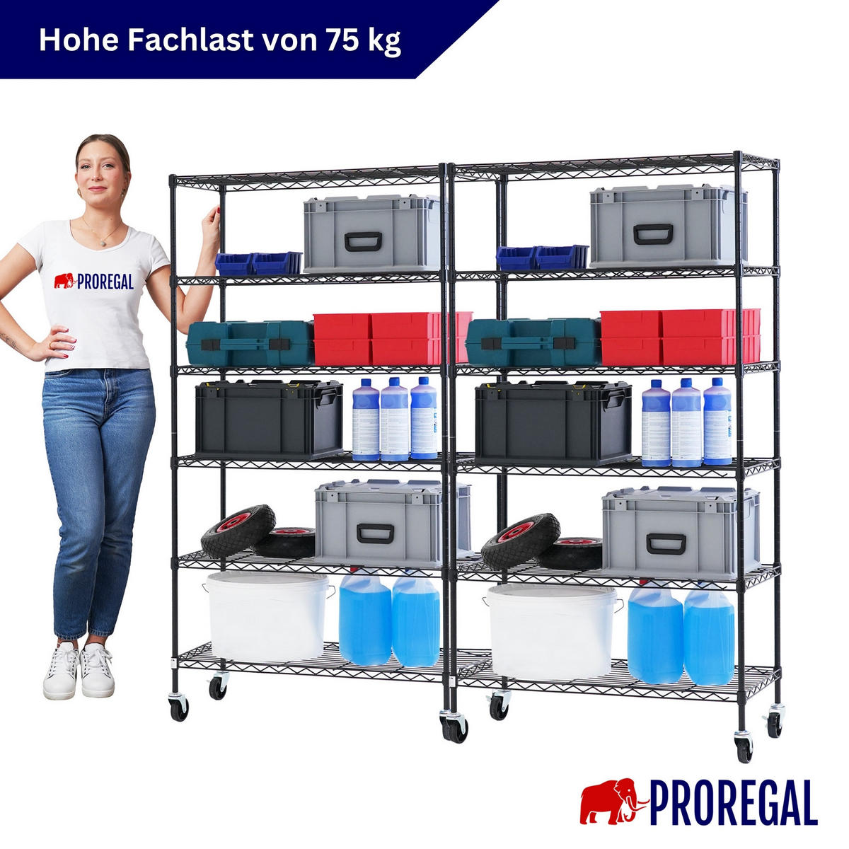 GITTERREGAL 2er - Set HADES mit Rollen & 6 Gitterböden Metall 160x90x40cm Schwarz - Schwarz, Metall (90/160/40cm) - PROREGAL